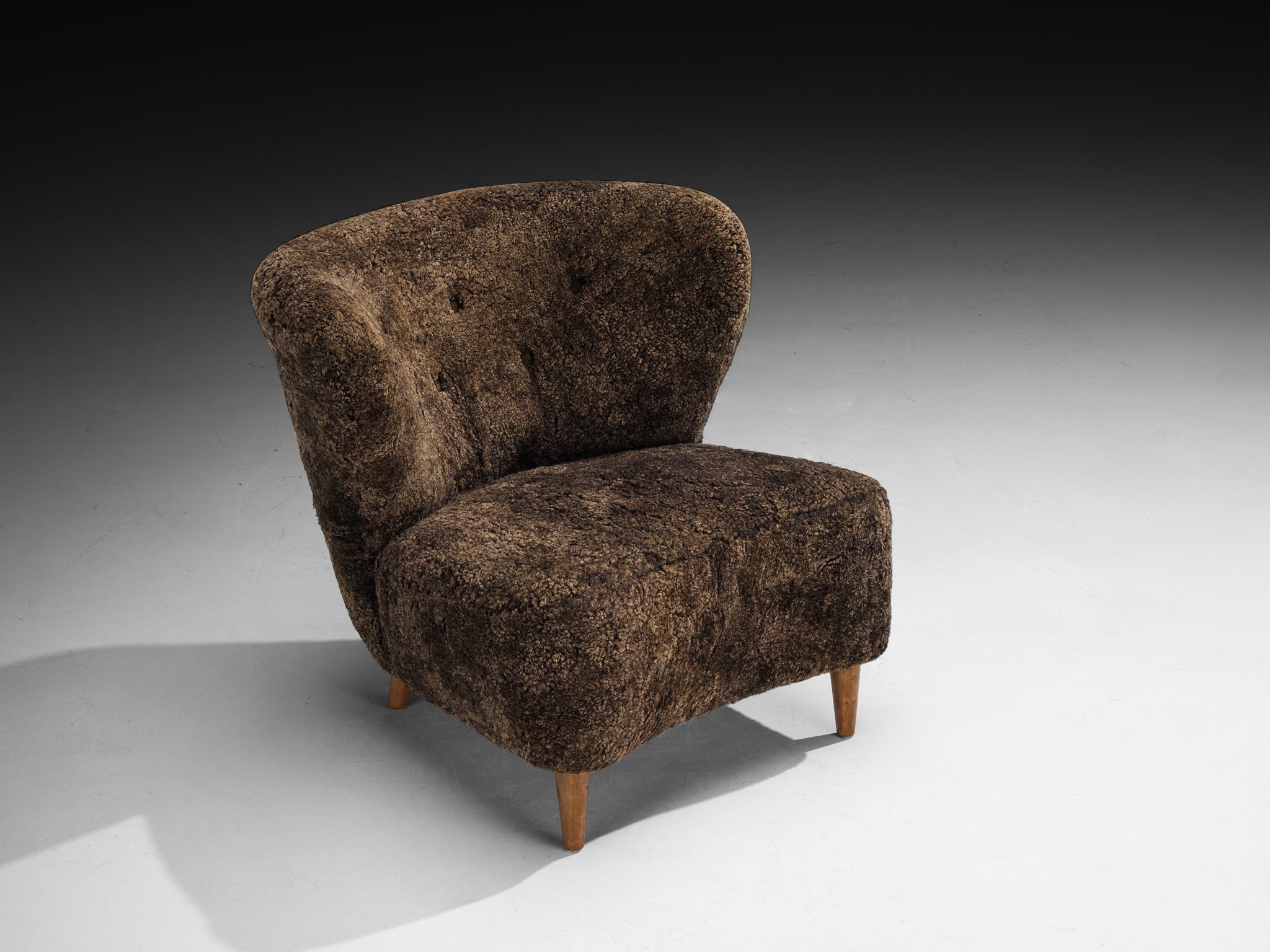 Gösta Jonsson Pair of Lounge Chairs in Dark Brown Sheepskin Seating Morentz