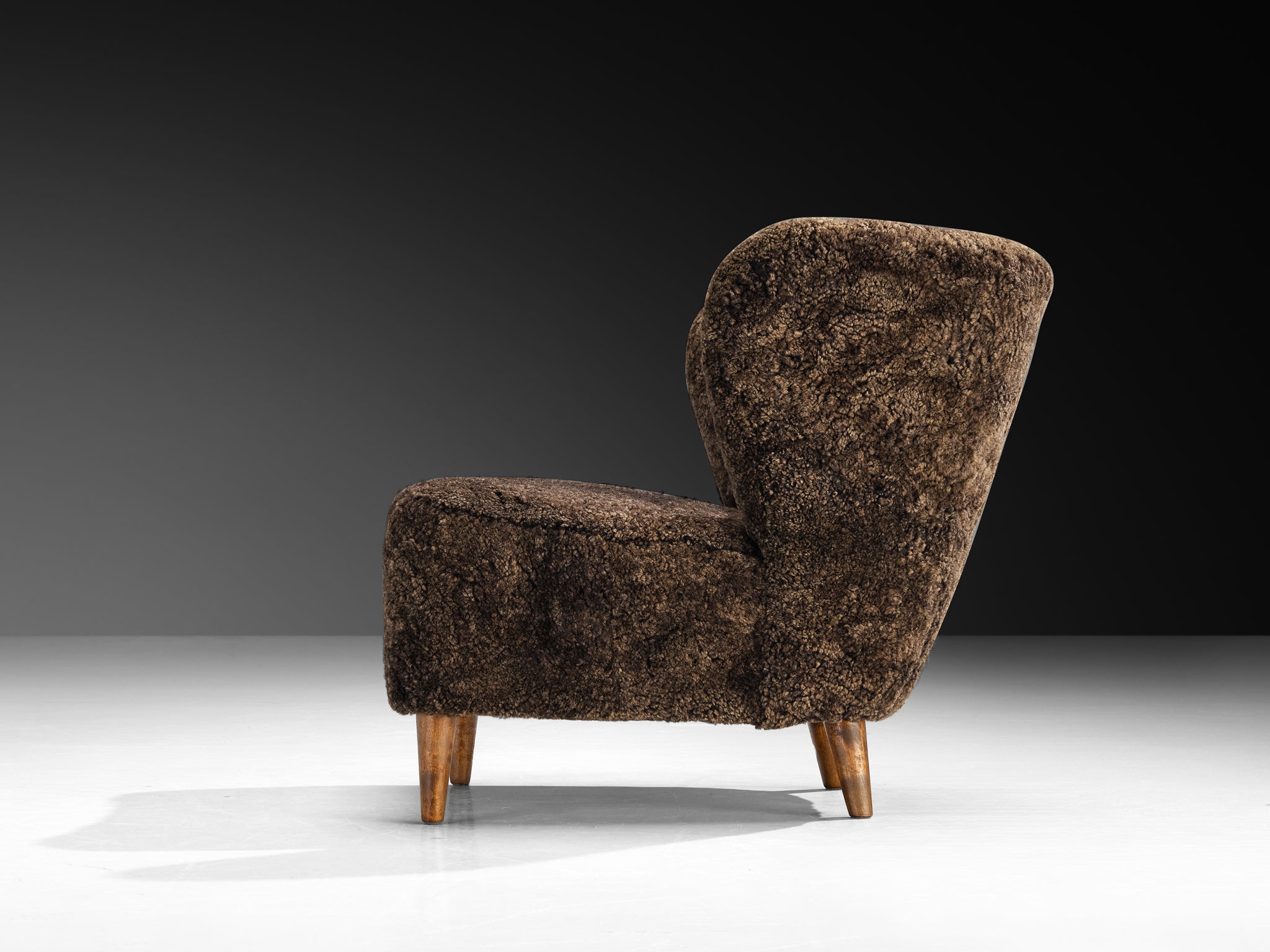 Gösta Jonsson Pair of Lounge Chairs in Dark Brown Sheepskin Seating Morentz