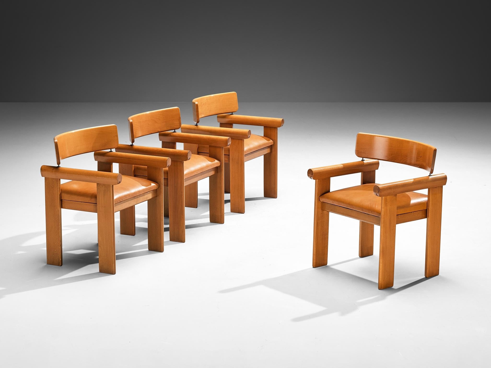 Italian Set of Four Architectural Armchairs in Cognac Leather seating Morentz