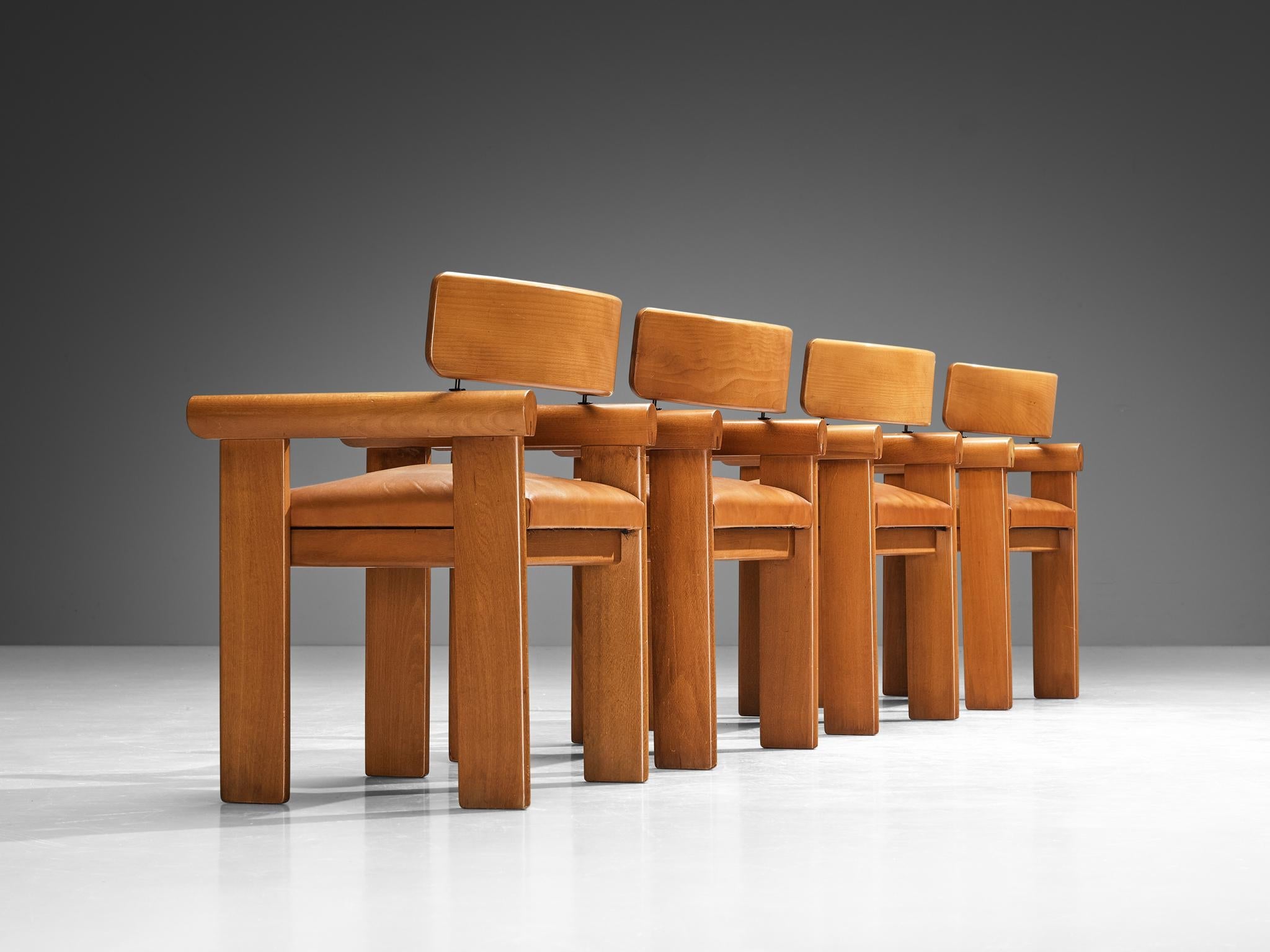 Italian Set of Four Architectural Armchairs in Cognac Leather seating Morentz