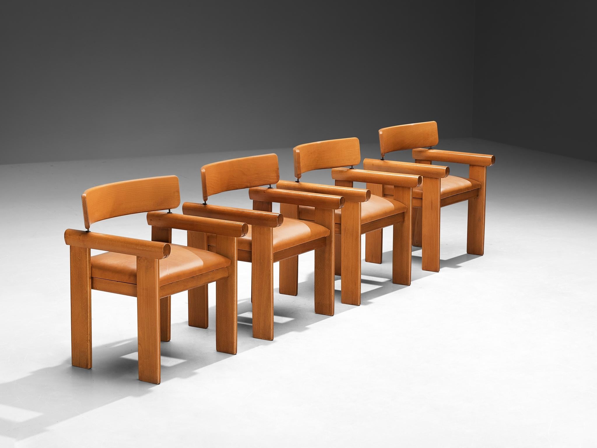 Italian Set of Four Architectural Armchairs in Cognac Leather seating Morentz