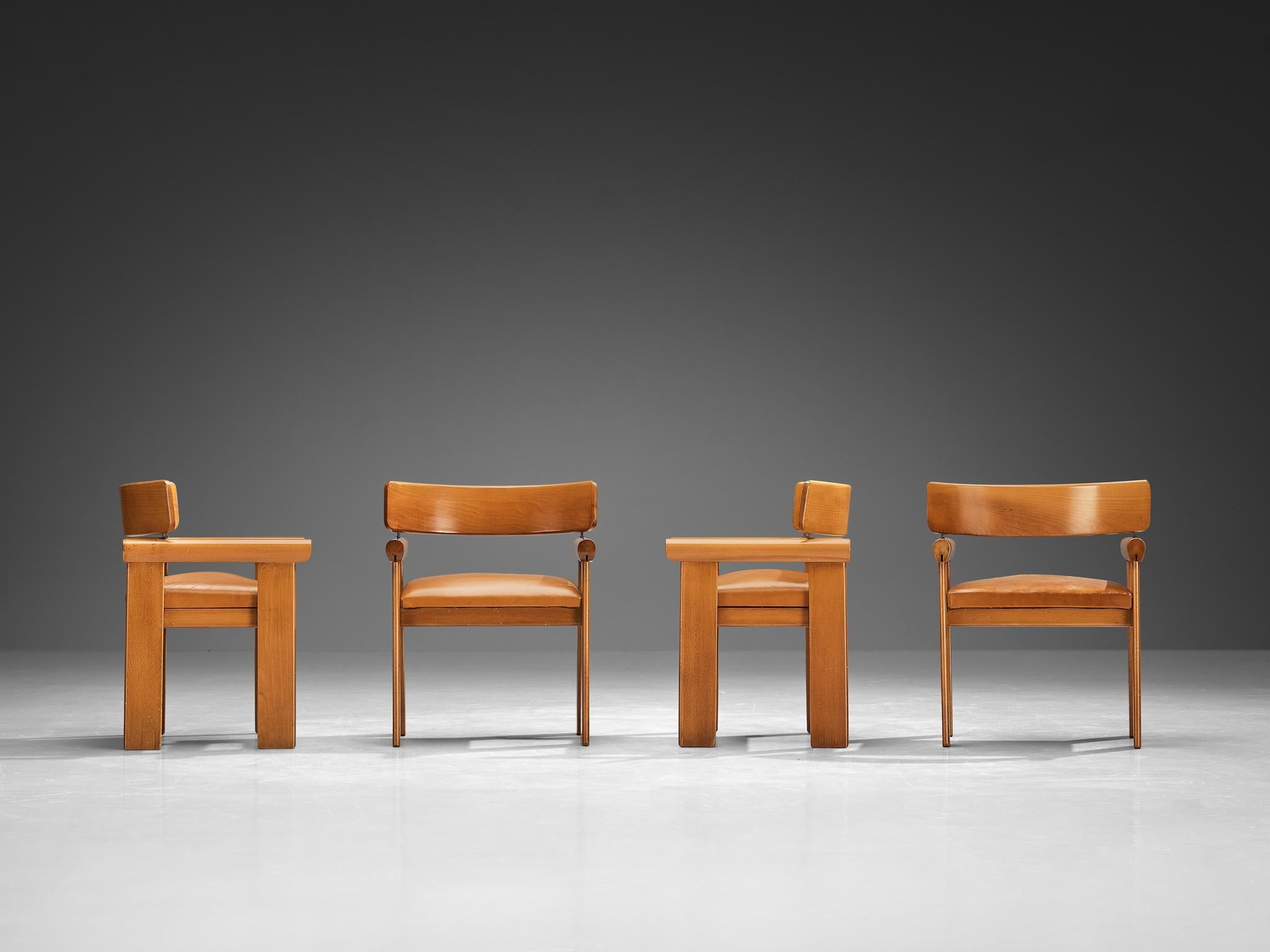 Italian Set of Four Architectural Armchairs in Cognac Leather seating Morentz