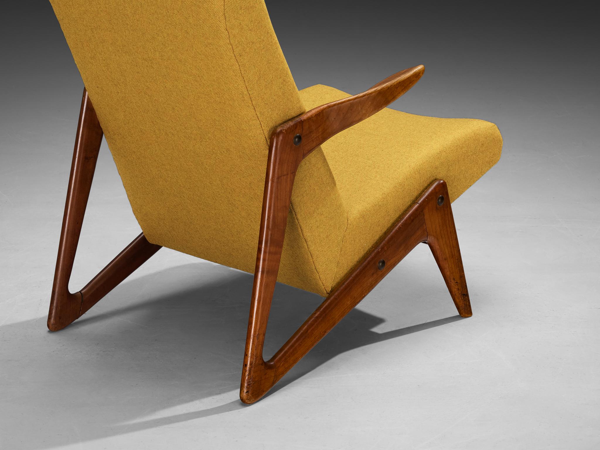 Mid-Century Modern Sculptural Belgian Lounge Chair in Cherry & Ochre Fabric seating Morentz