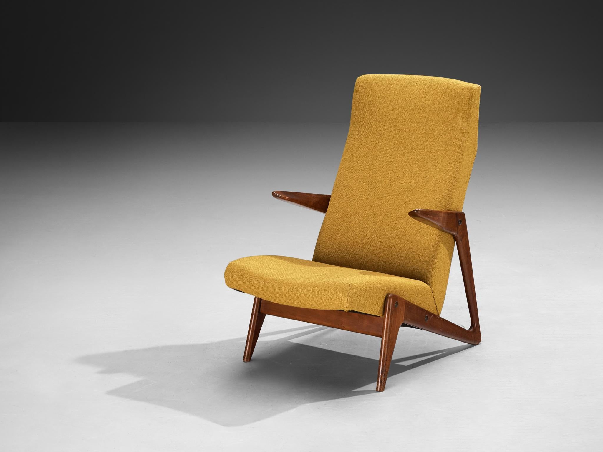 Mid-Century Modern Sculptural Belgian Lounge Chair in Cherry & Ochre Fabric seating Morentz