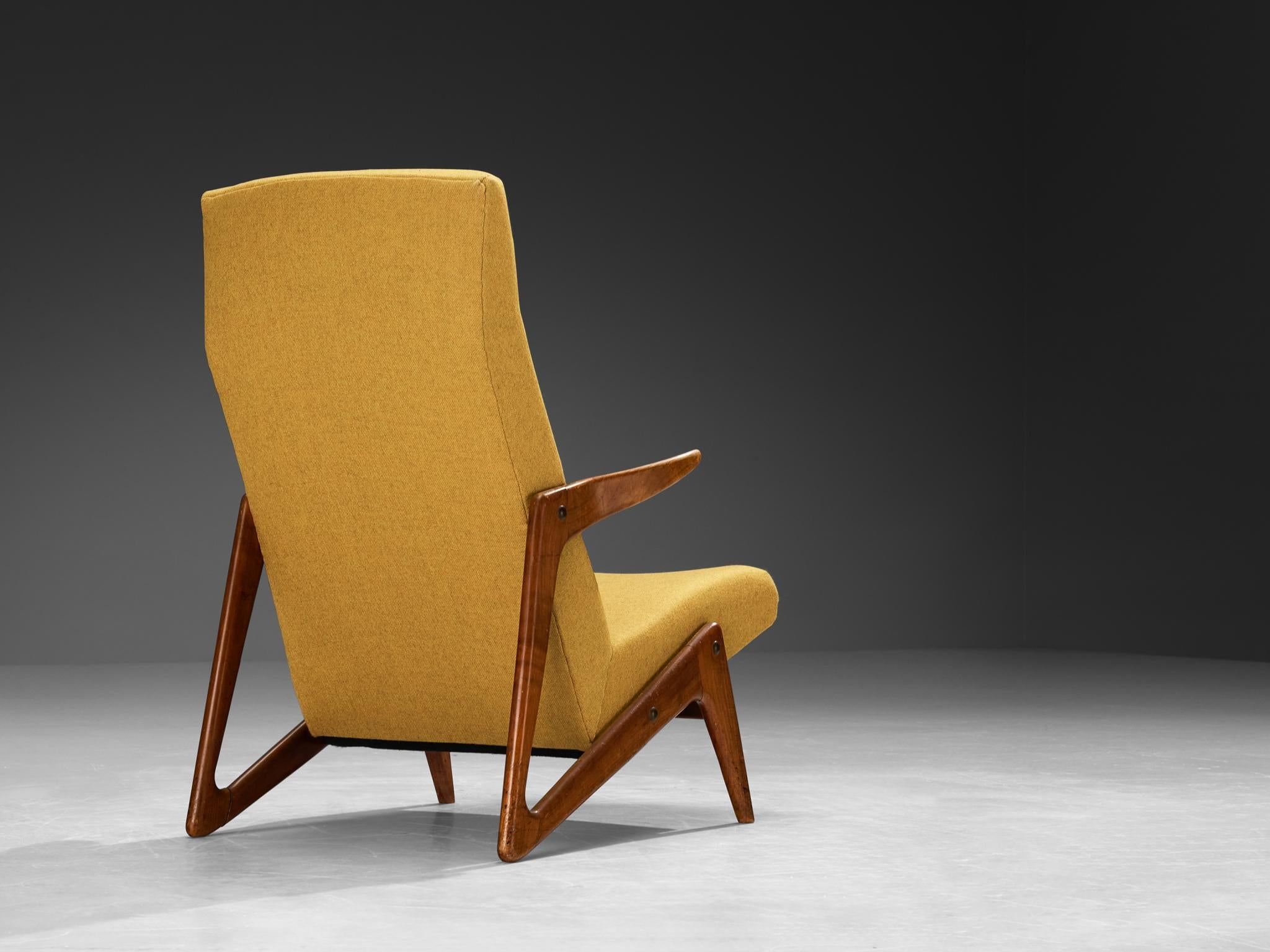 Mid-Century Modern Sculptural Belgian Lounge Chair in Cherry & Ochre Fabric seating Morentz