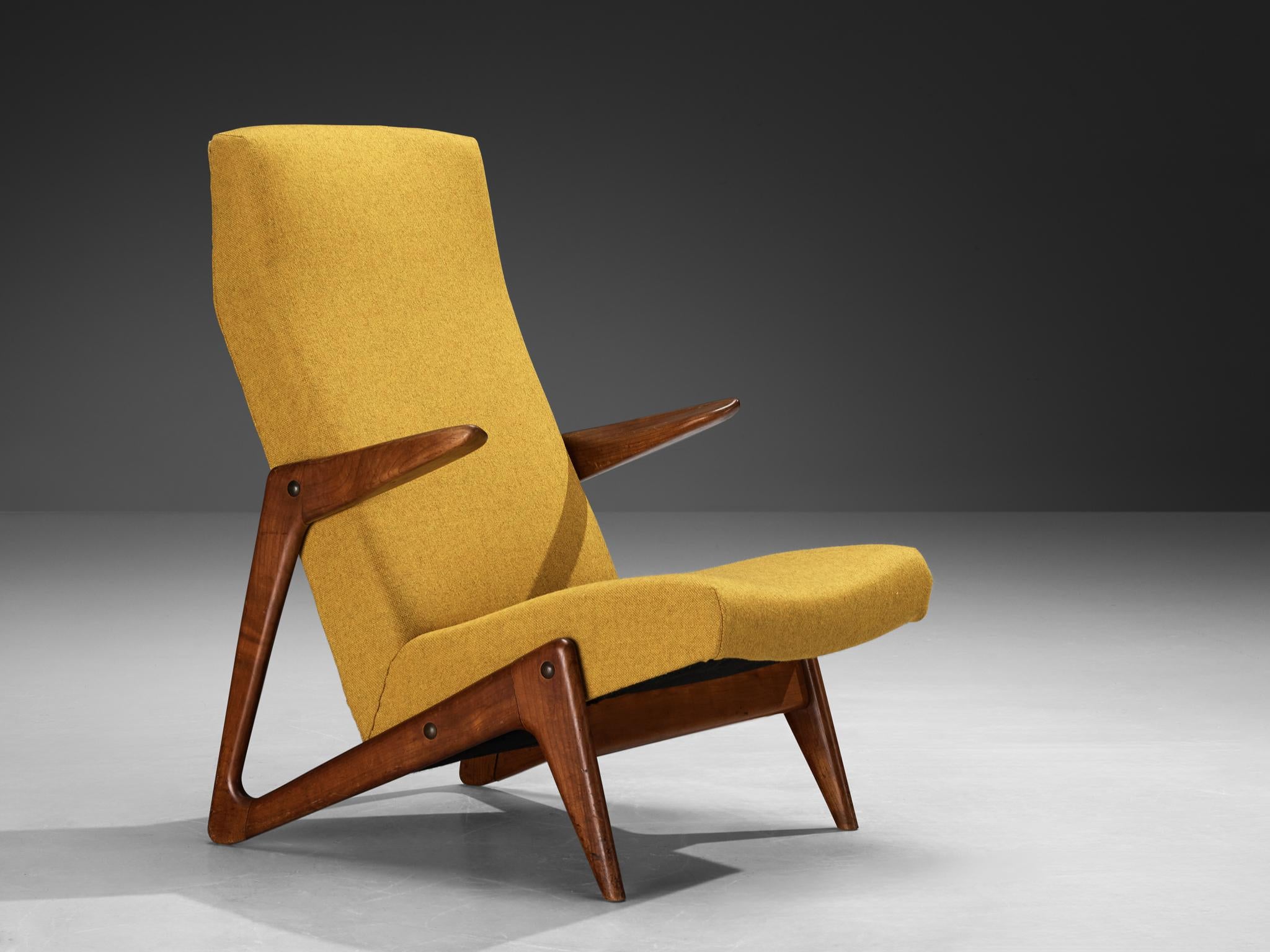 Mid-Century Modern Sculptural Belgian Lounge Chair in Cherry & Ochre Fabric seating Morentz