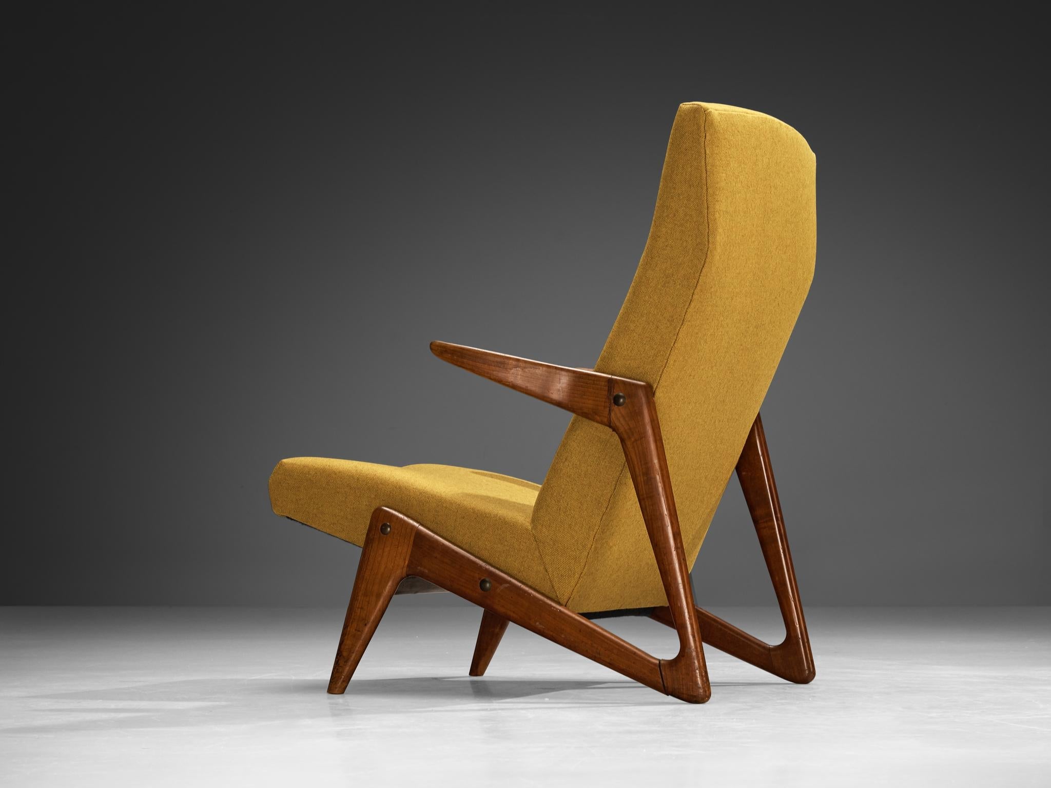 Mid-Century Modern Sculptural Belgian Lounge Chair in Cherry & Ochre Fabric seating Morentz