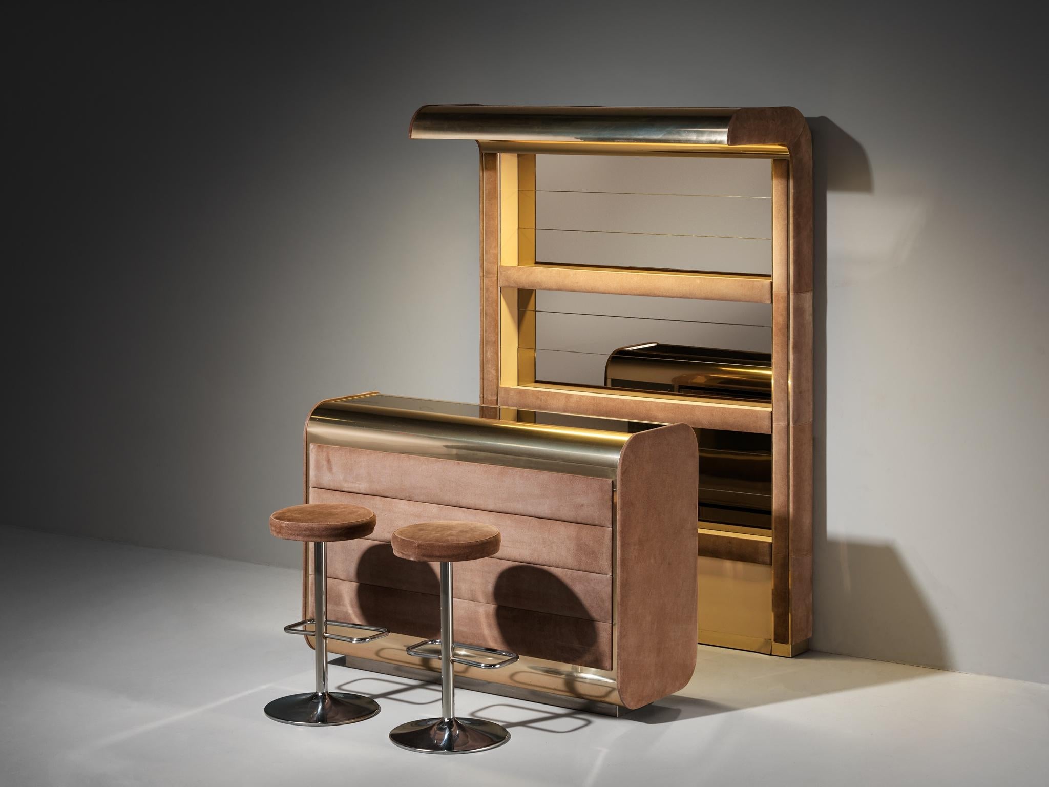 Hollywood Regency Bar and Stools in the Style of Willy Rizzo Brass Suede case pieces and storage cabinets Morentz