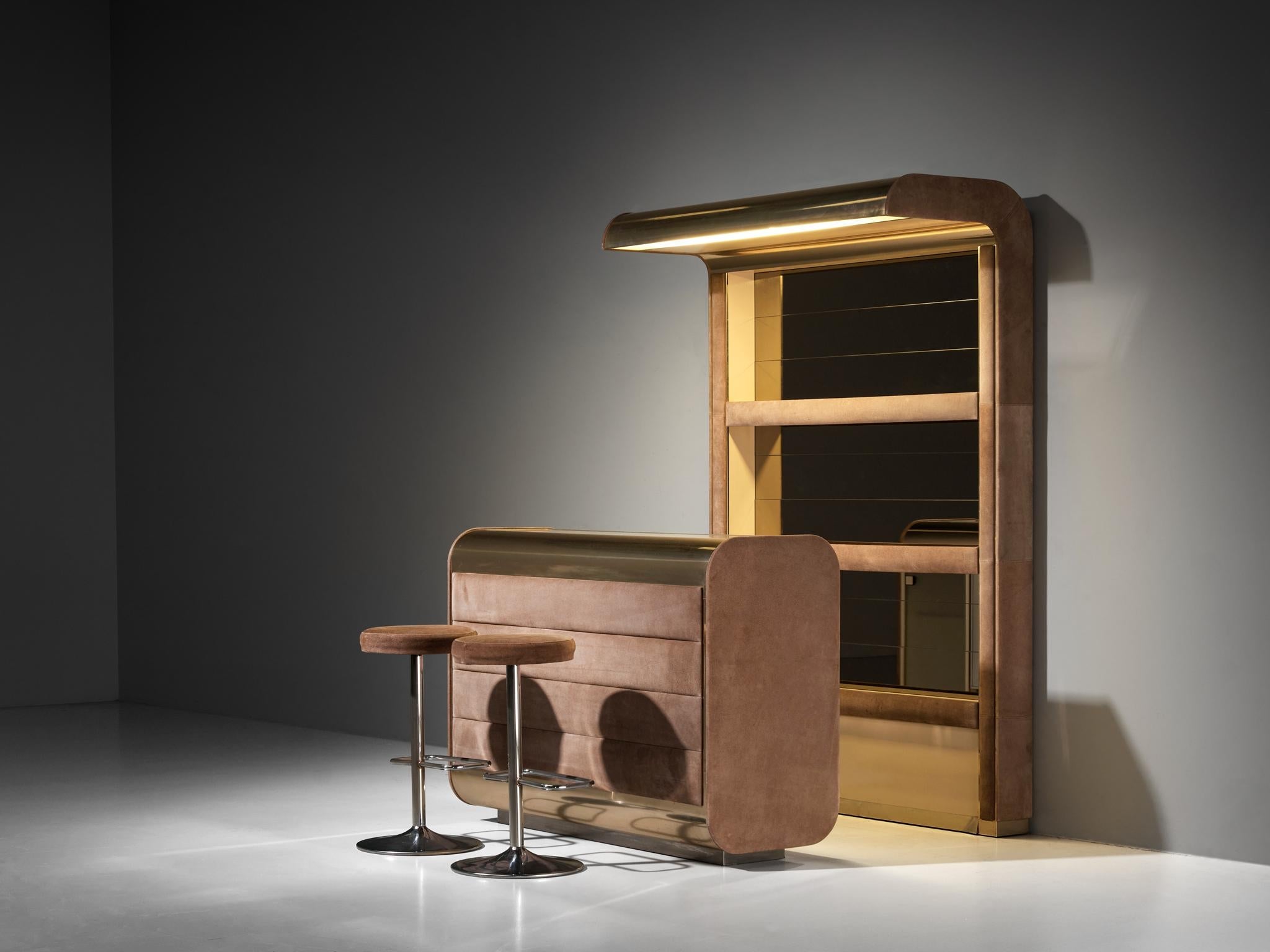 Hollywood Regency Bar and Stools in the Style of Willy Rizzo Brass Suede case pieces and storage cabinets Morentz