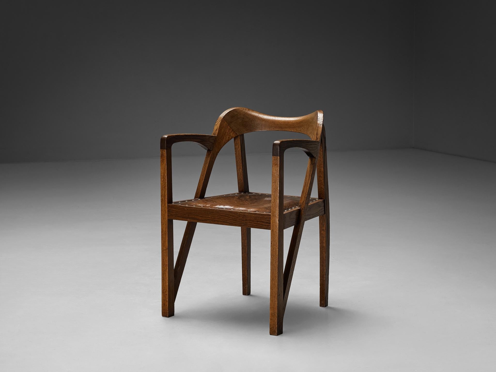 Jugendstil Sculptural Armchair in Oak Leather and Brass 1900-1910 seating Morentz