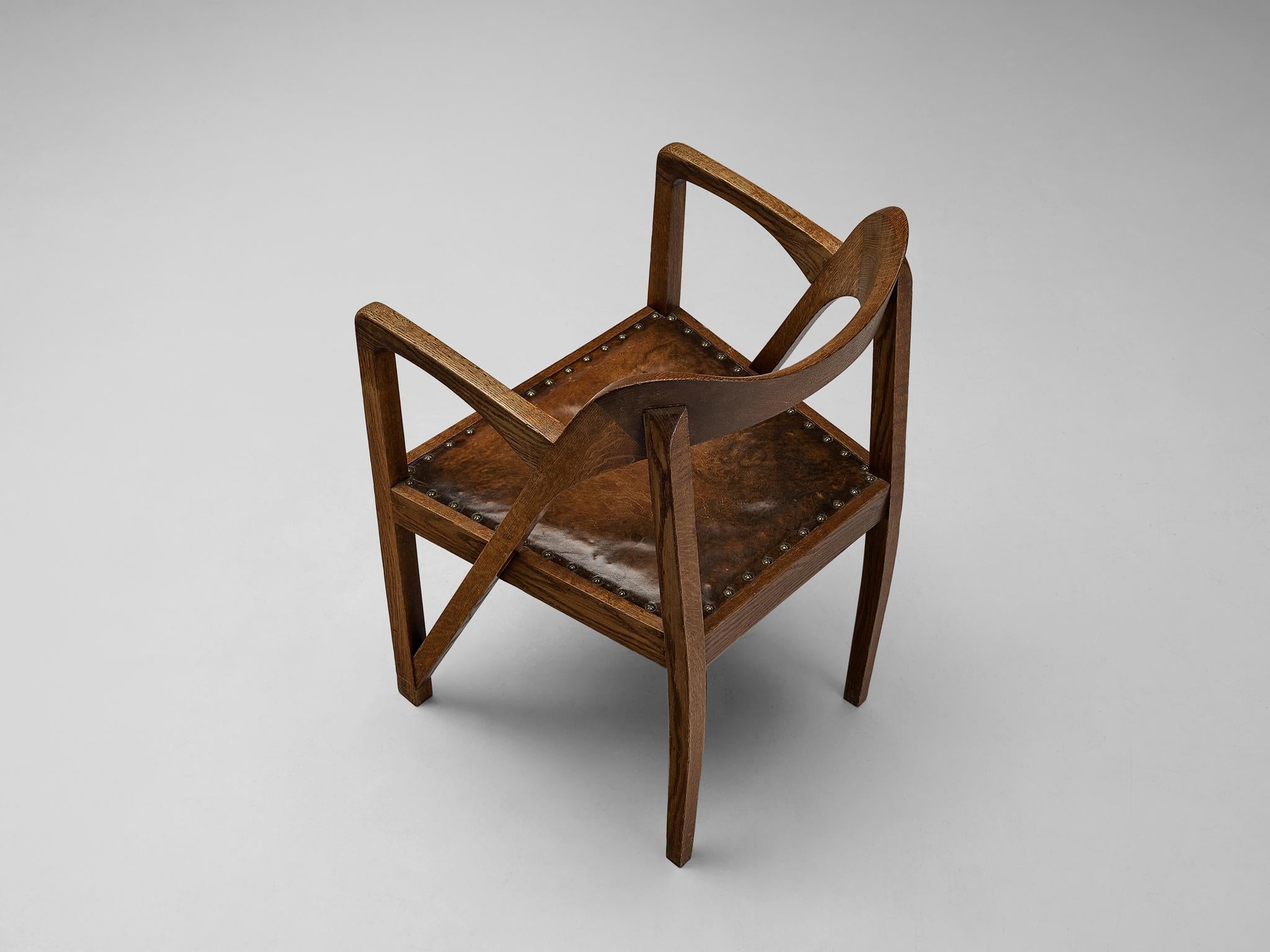 Jugendstil Sculptural Armchair in Oak Leather and Brass 1900-1910 seating Morentz