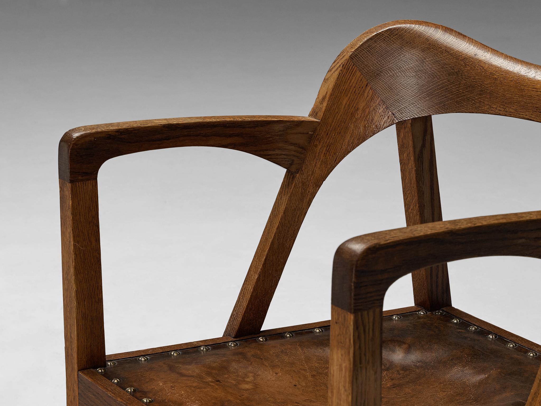 Jugendstil Sculptural Armchair in Oak Leather and Brass 1900-1910 seating Morentz