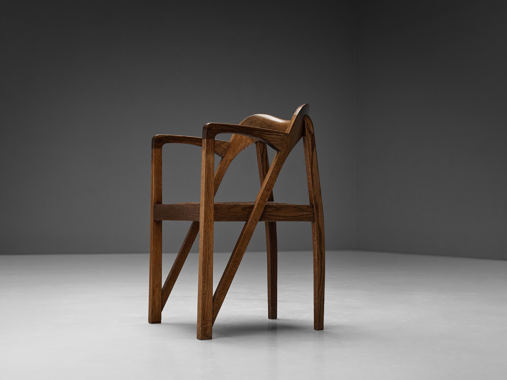 Jugendstil Sculptural Armchair in Oak Leather and Brass 1900-1910 seating Morentz