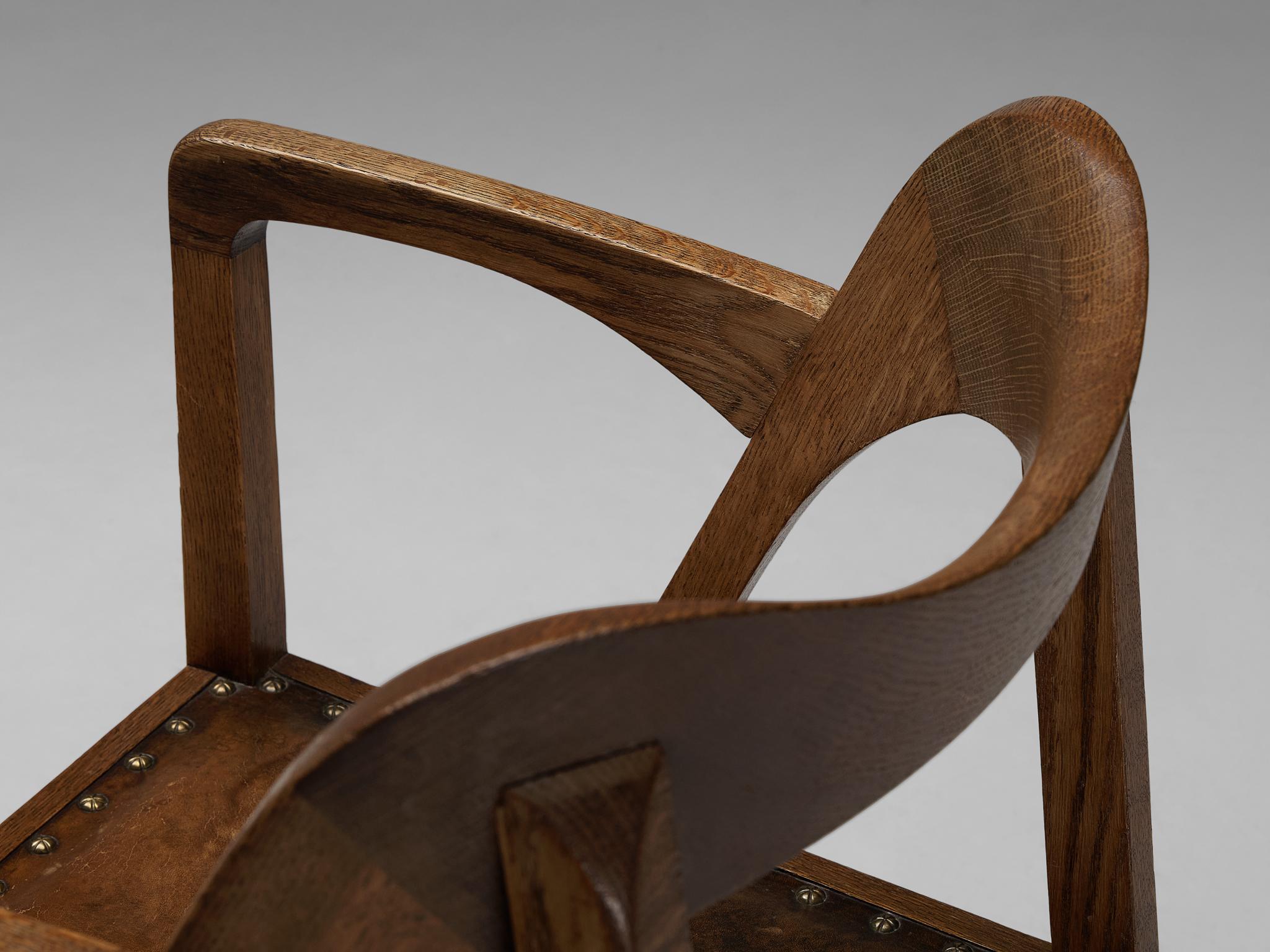 Jugendstil Sculptural Armchair in Oak Leather and Brass 1900-1910 seating Morentz