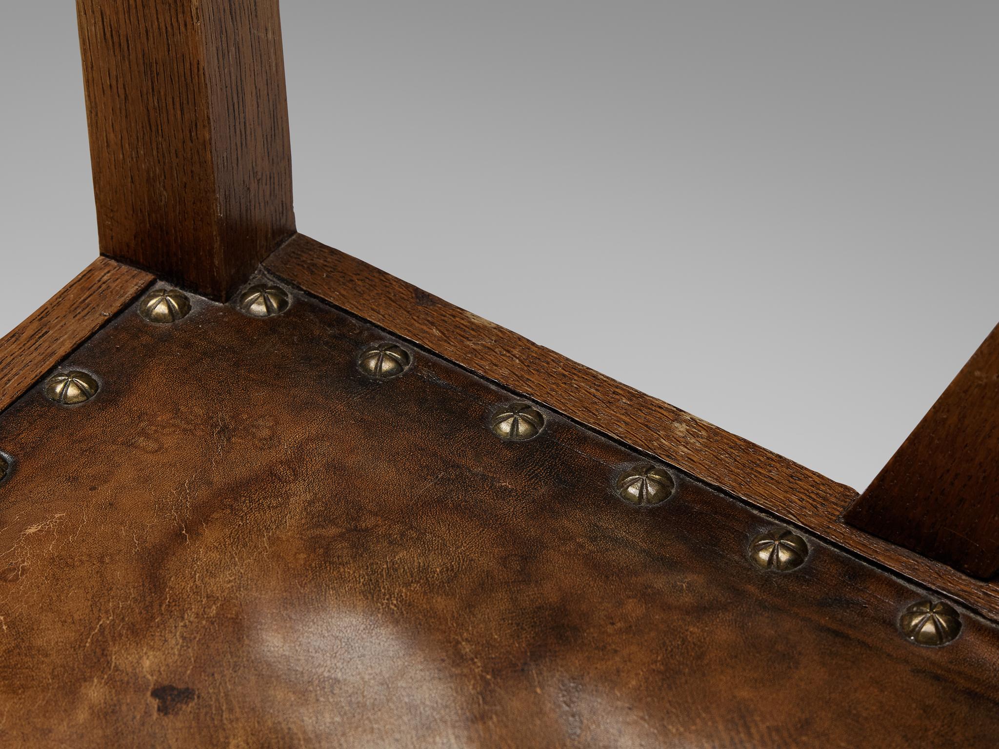 Jugendstil Sculptural Armchair in Oak Leather and Brass 1900-1910 seating Morentz