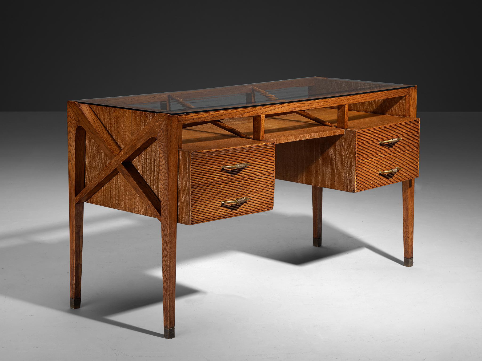 1940s Italian Art Deco Desk with Grissinato Carvings in Oak Brass Glass tables Morentz