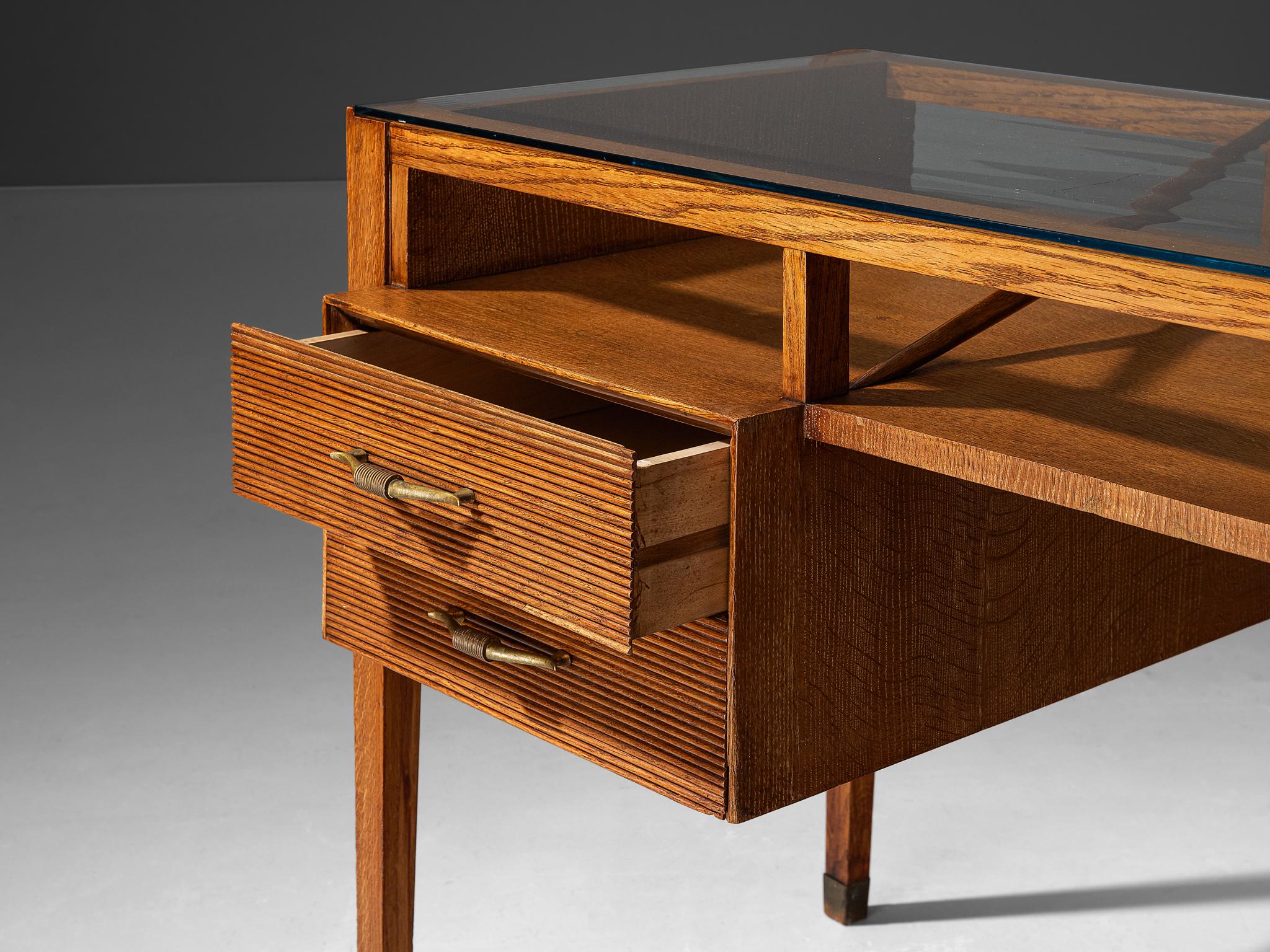 1940s Italian Art Deco Desk with Grissinato Carvings in Oak Brass Glass tables Morentz