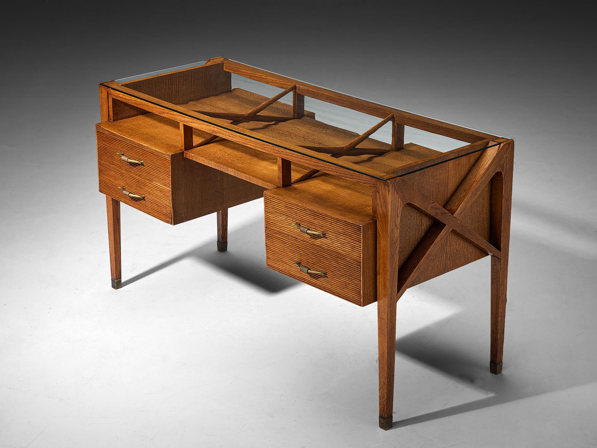 1940s Italian Art Deco Desk with Grissinato Carvings in Oak Brass Glass tables Morentz