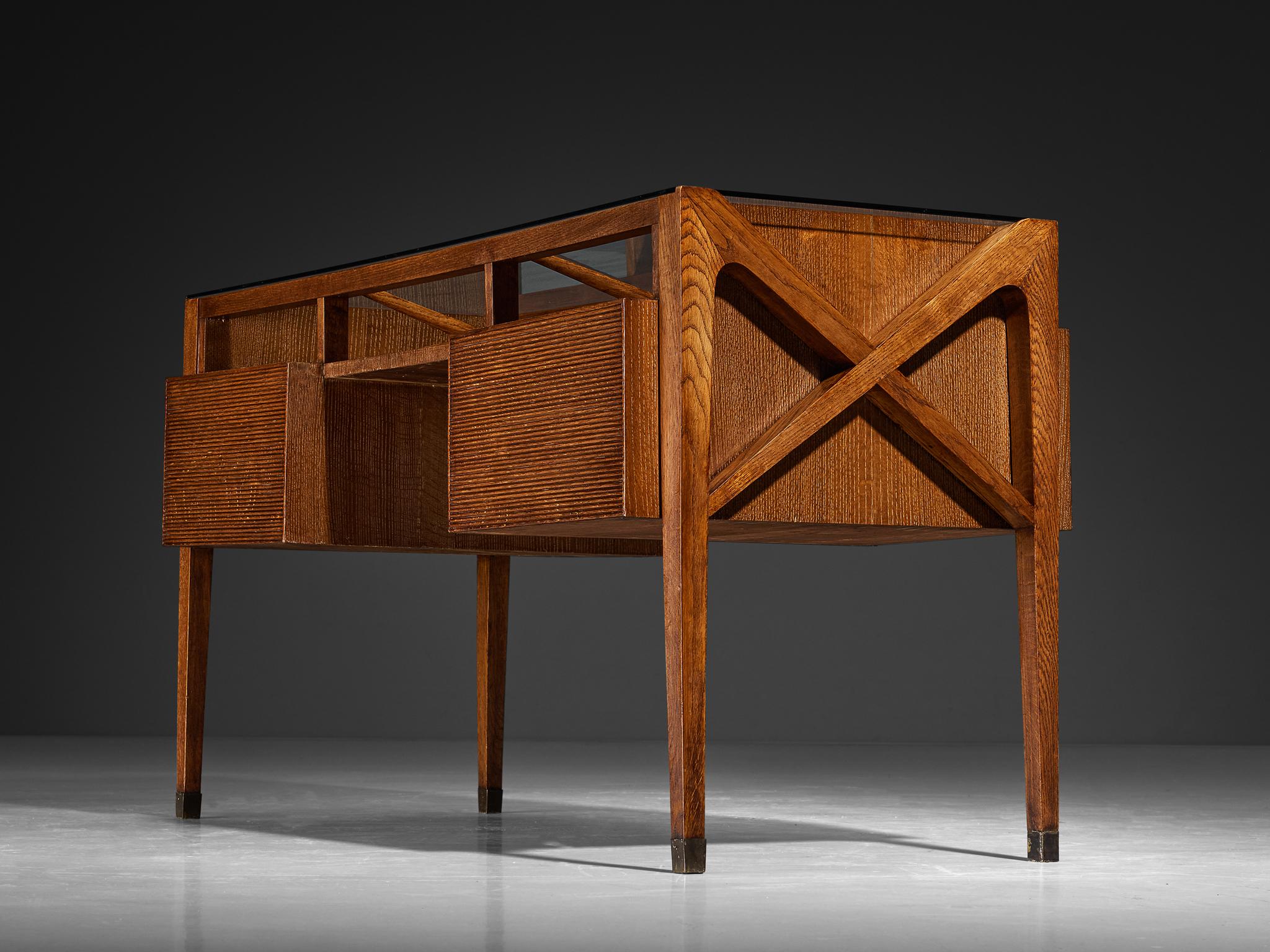 1940s Italian Art Deco Desk with Grissinato Carvings in Oak Brass Glass tables Morentz
