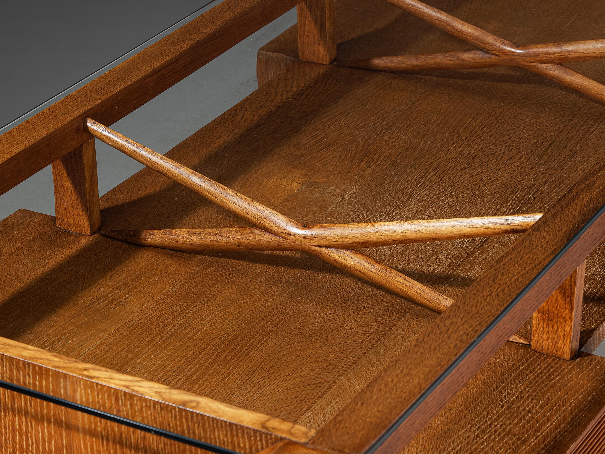 1940s Italian Art Deco Desk with Grissinato Carvings in Oak Brass Glass tables Morentz