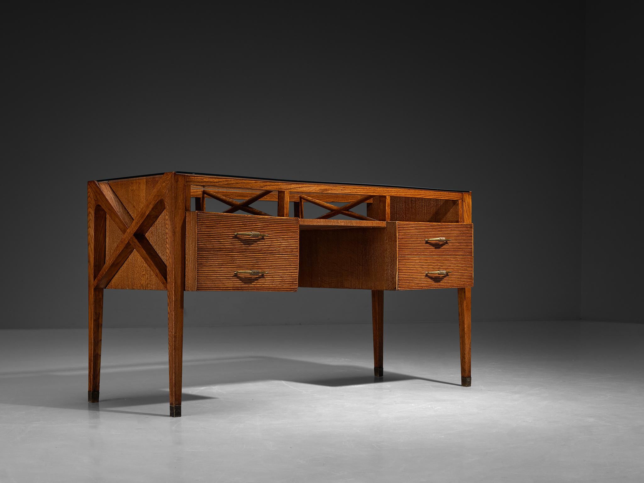 1940s Italian Art Deco Desk with Grissinato Carvings in Oak Brass Glass tables Morentz