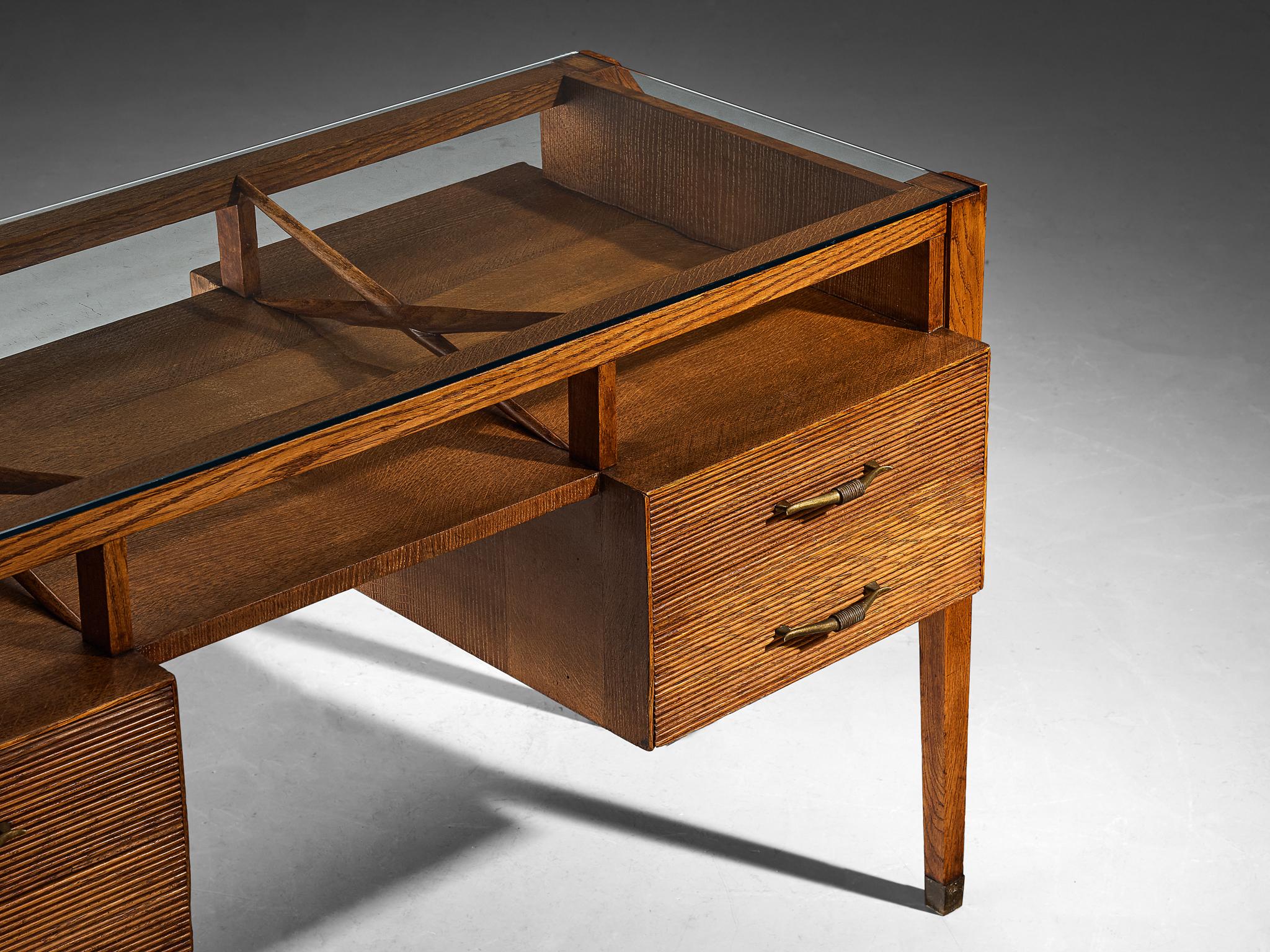 1940s Italian Art Deco Desk with Grissinato Carvings in Oak Brass Glass tables Morentz