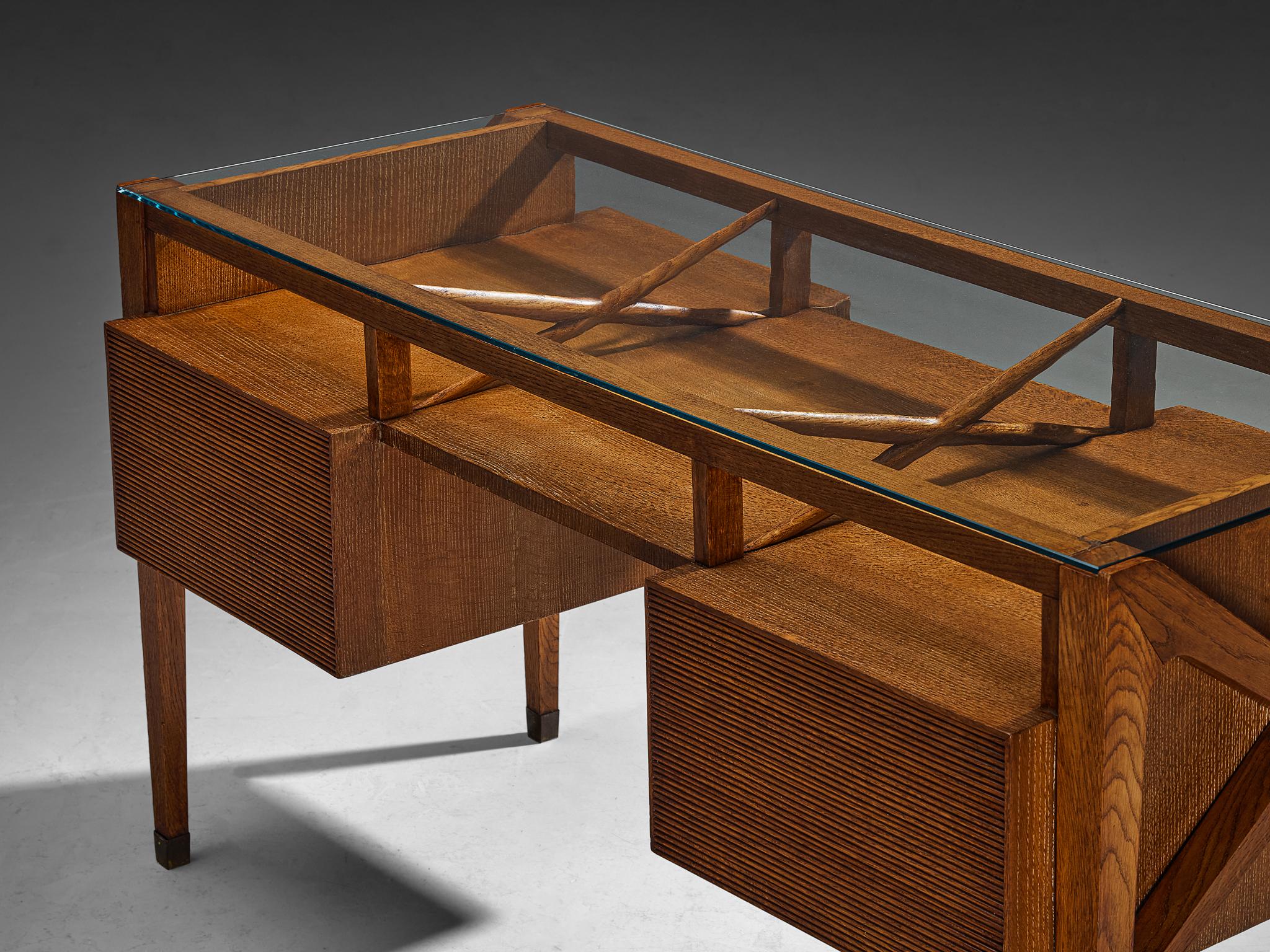 1940s Italian Art Deco Desk with Grissinato Carvings in Oak Brass Glass tables Morentz