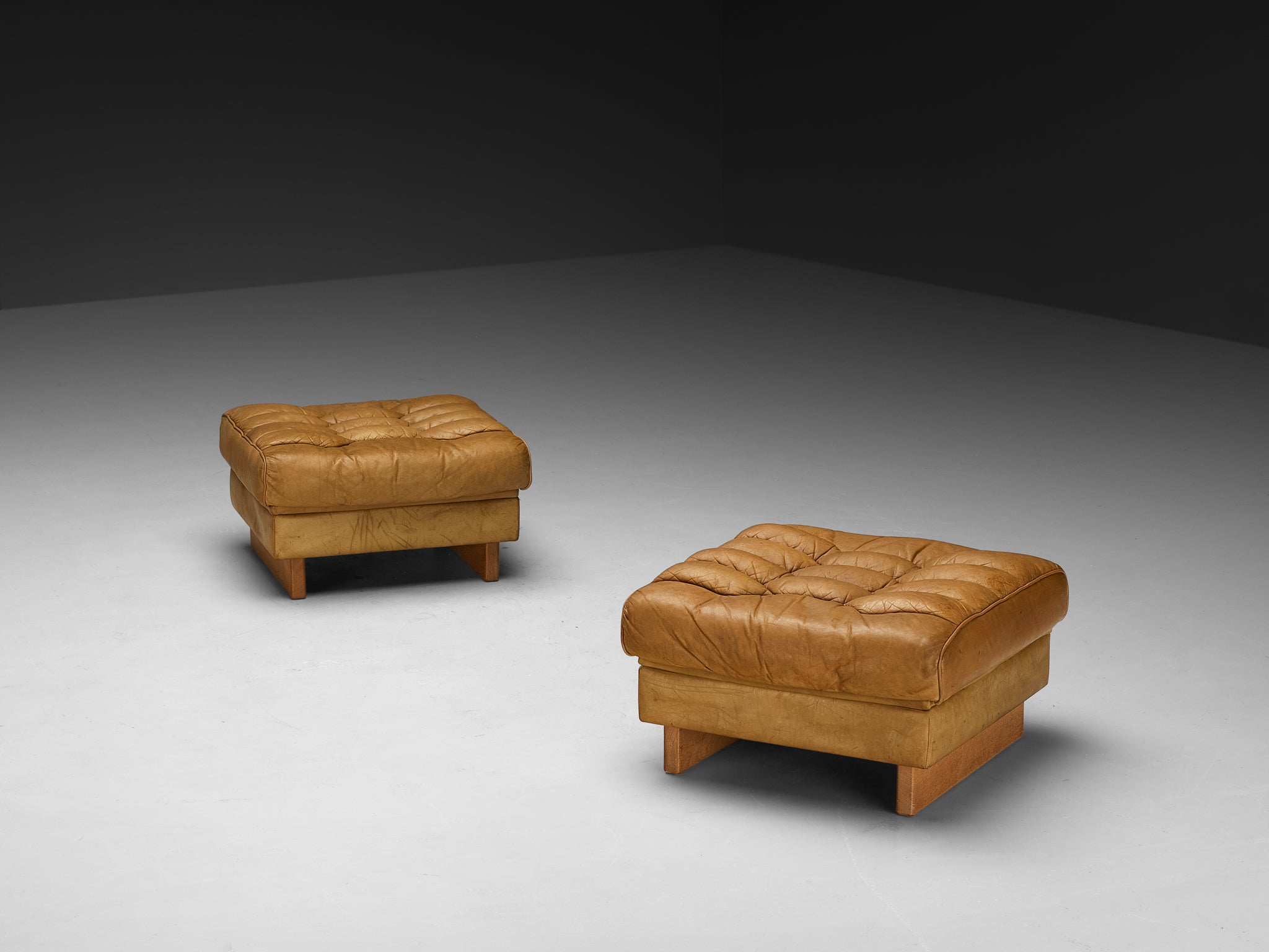 Robert Haussmann for De Sede Pair of 'DS-P' Ottomans in Camel Brown Leather Seating Morentz