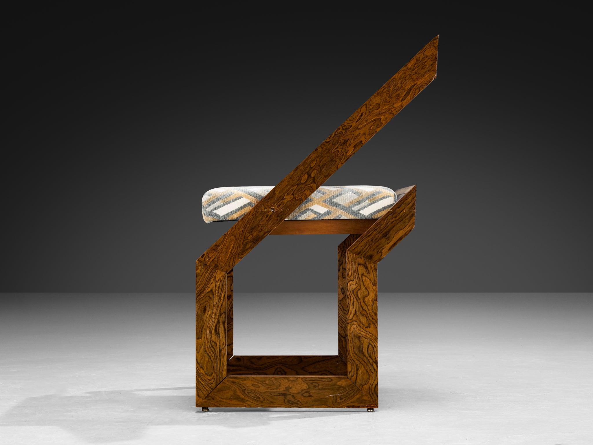 Pair of 1970s Sculptural Geometric Chairs in Expressive Grain Wood and Brass Seating Morentz