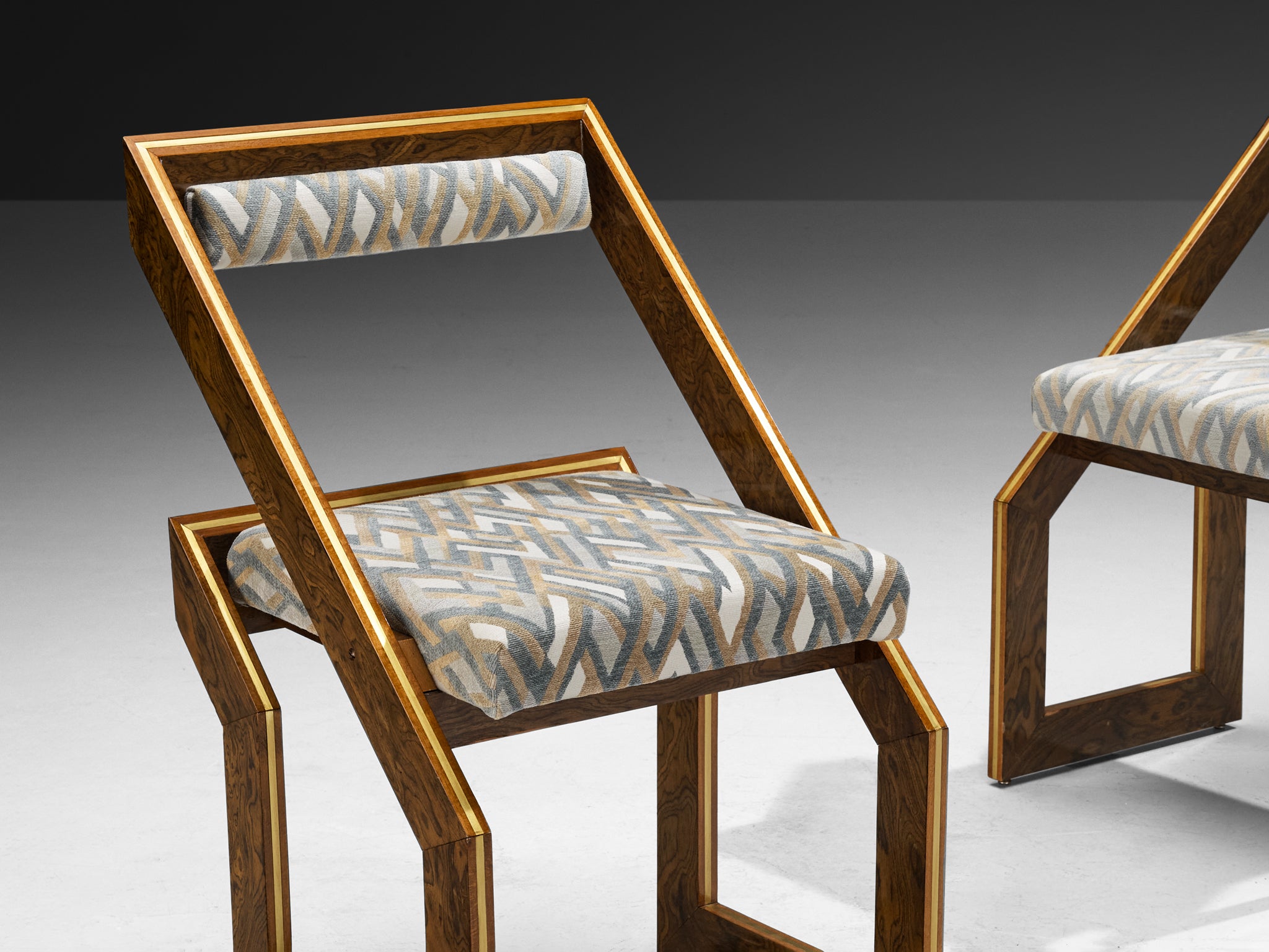 Pair of 1970s Sculptural Geometric Chairs in Expressive Grain Wood and Brass Seating Morentz