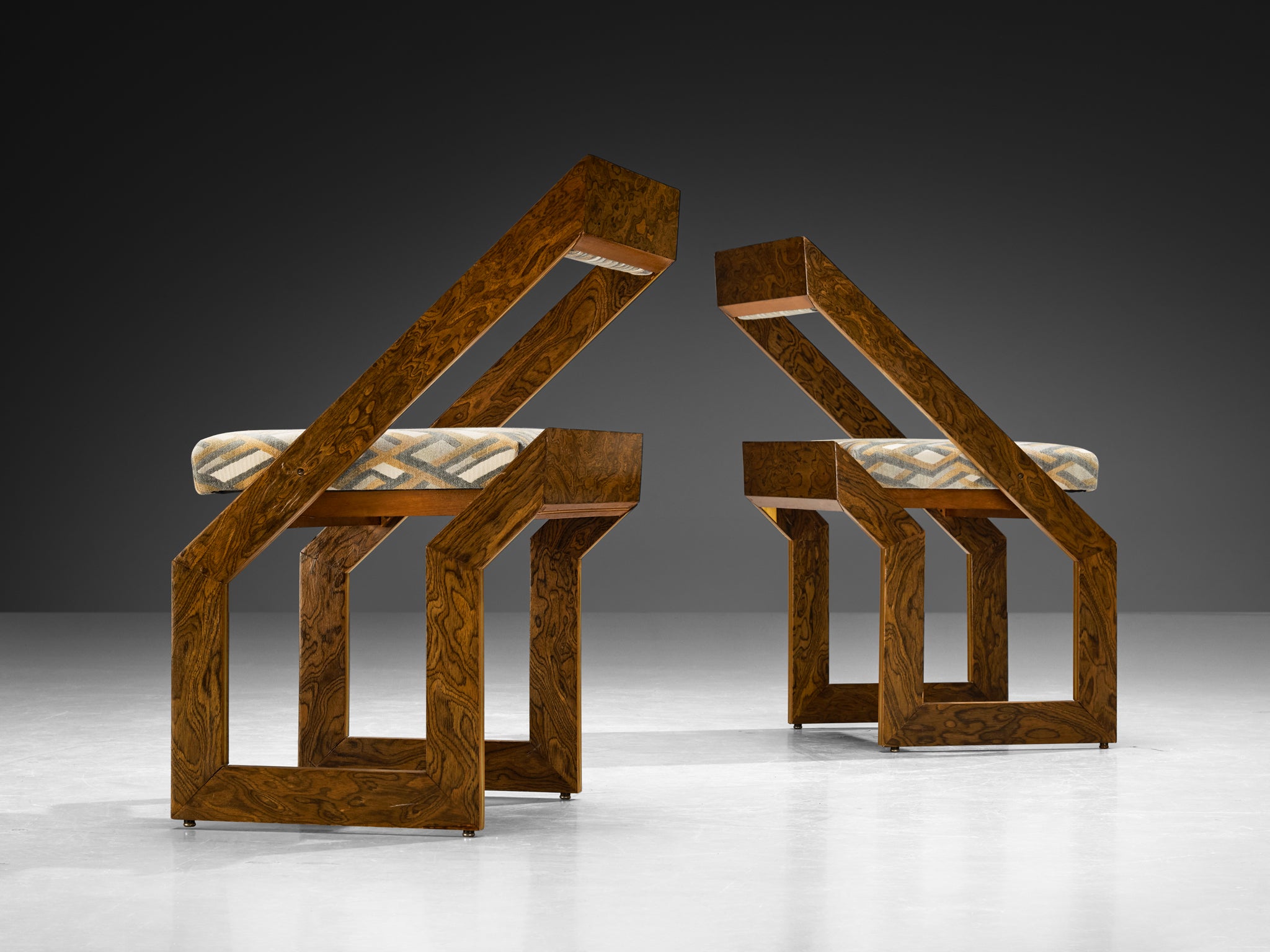Pair of 1970s Sculptural Geometric Chairs in Expressive Grain Wood and Brass Seating Morentz