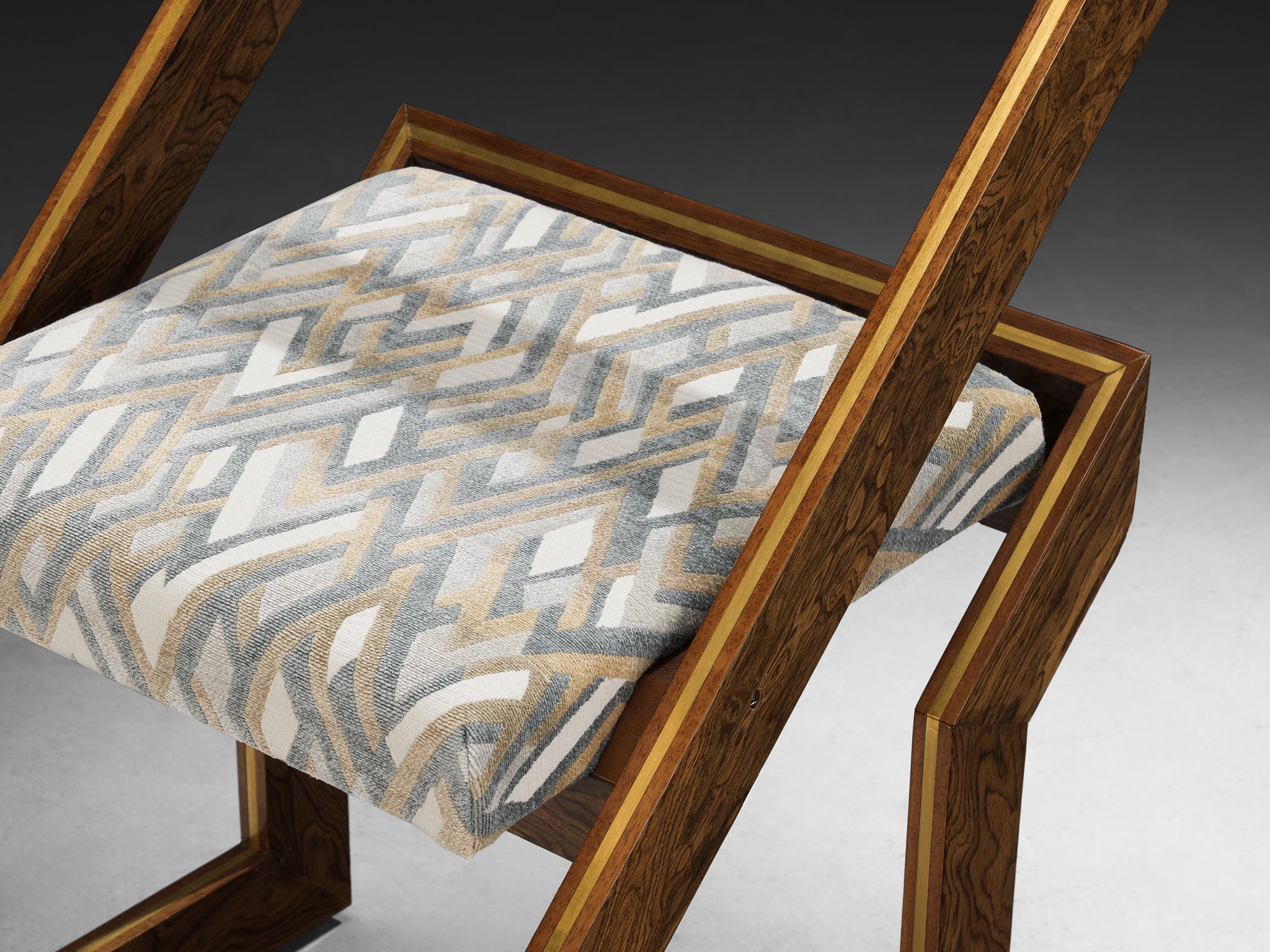 Pair of 1970s Sculptural Geometric Chairs in Expressive Grain Wood and Brass Seating Morentz