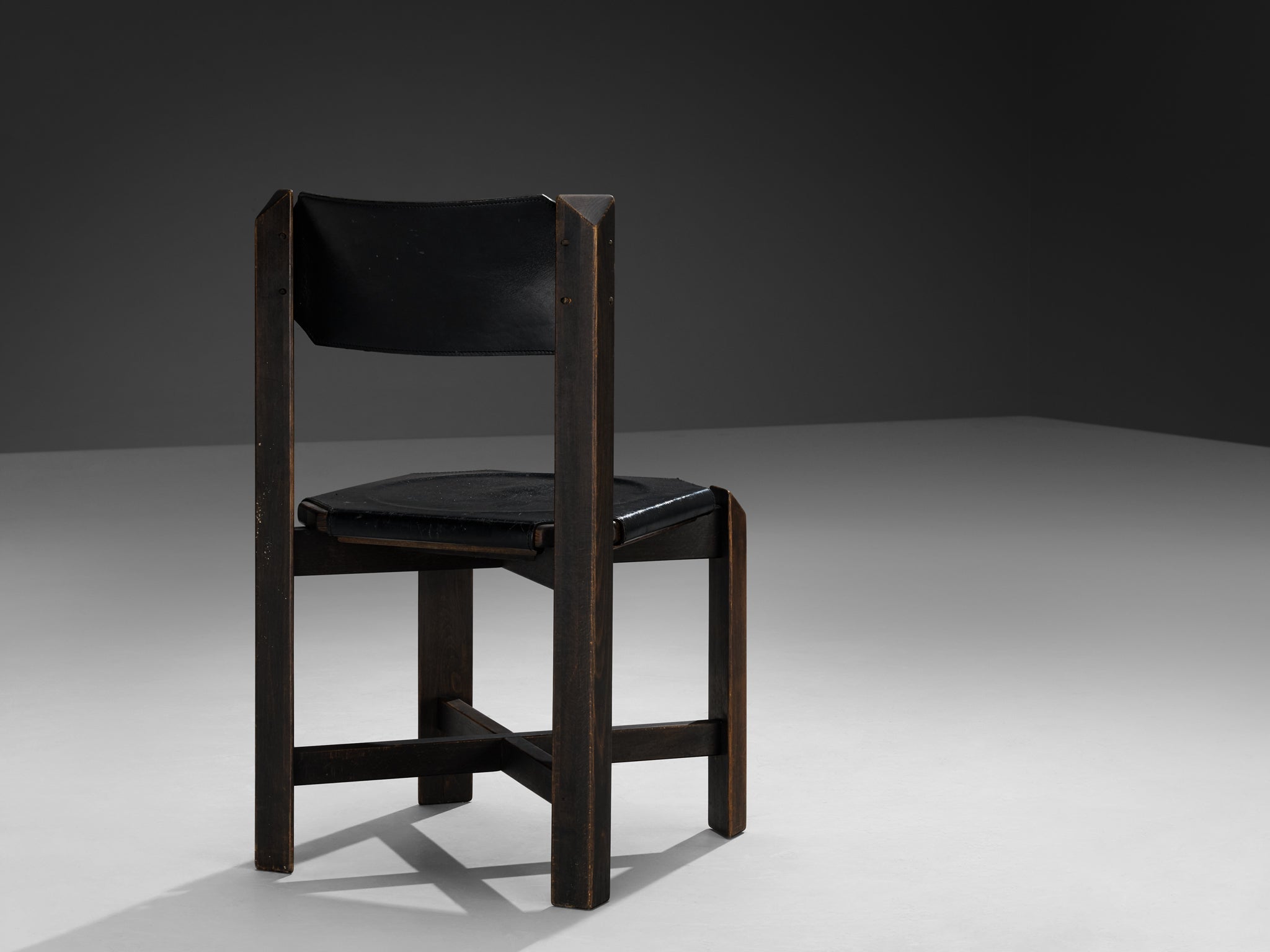 1970s Sturdy Dining Chair in Black Leather & Wood with Architectural Design seating Morentz