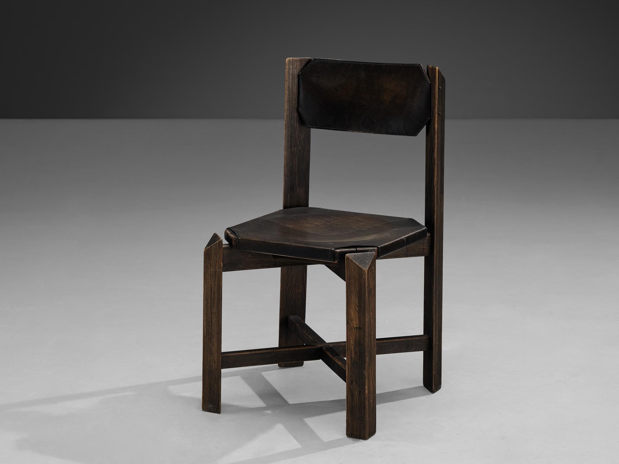 1970s Sturdy Dining Chair in Black Leather & Wood with Architectural Design seating Morentz