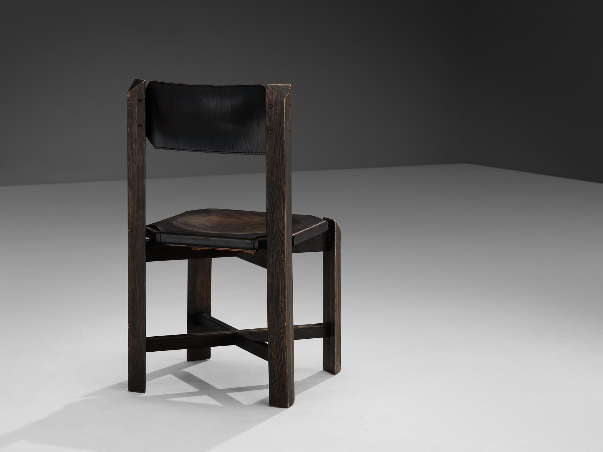 1970s Sturdy Dining Chair in Black Leather & Wood with Architectural Design seating Morentz