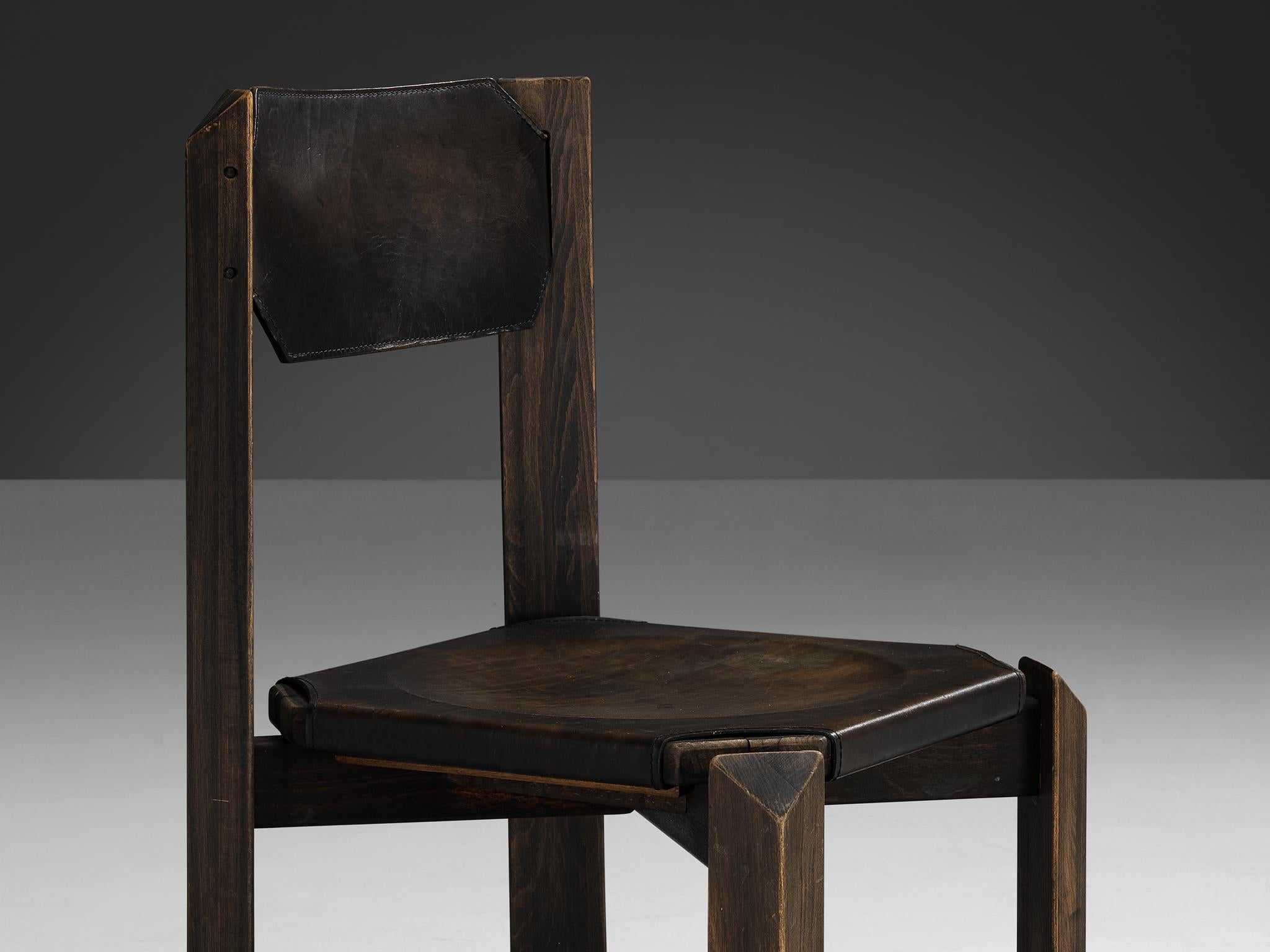 1970s Sturdy Dining Chair in Black Leather & Wood with Architectural Design seating Morentz