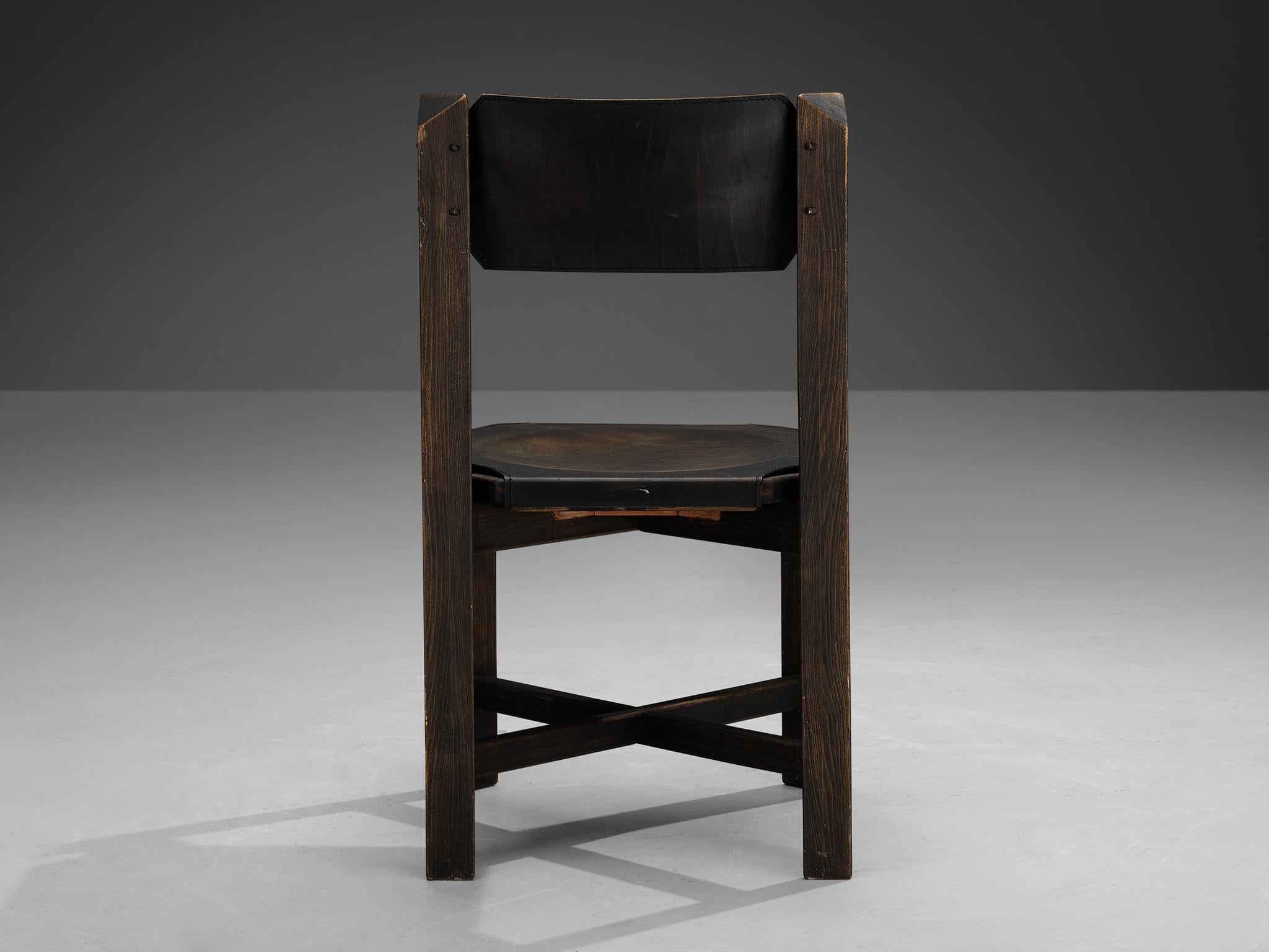1970s Sturdy Dining Chair in Black Leather & Wood with Architectural Design seating Morentz