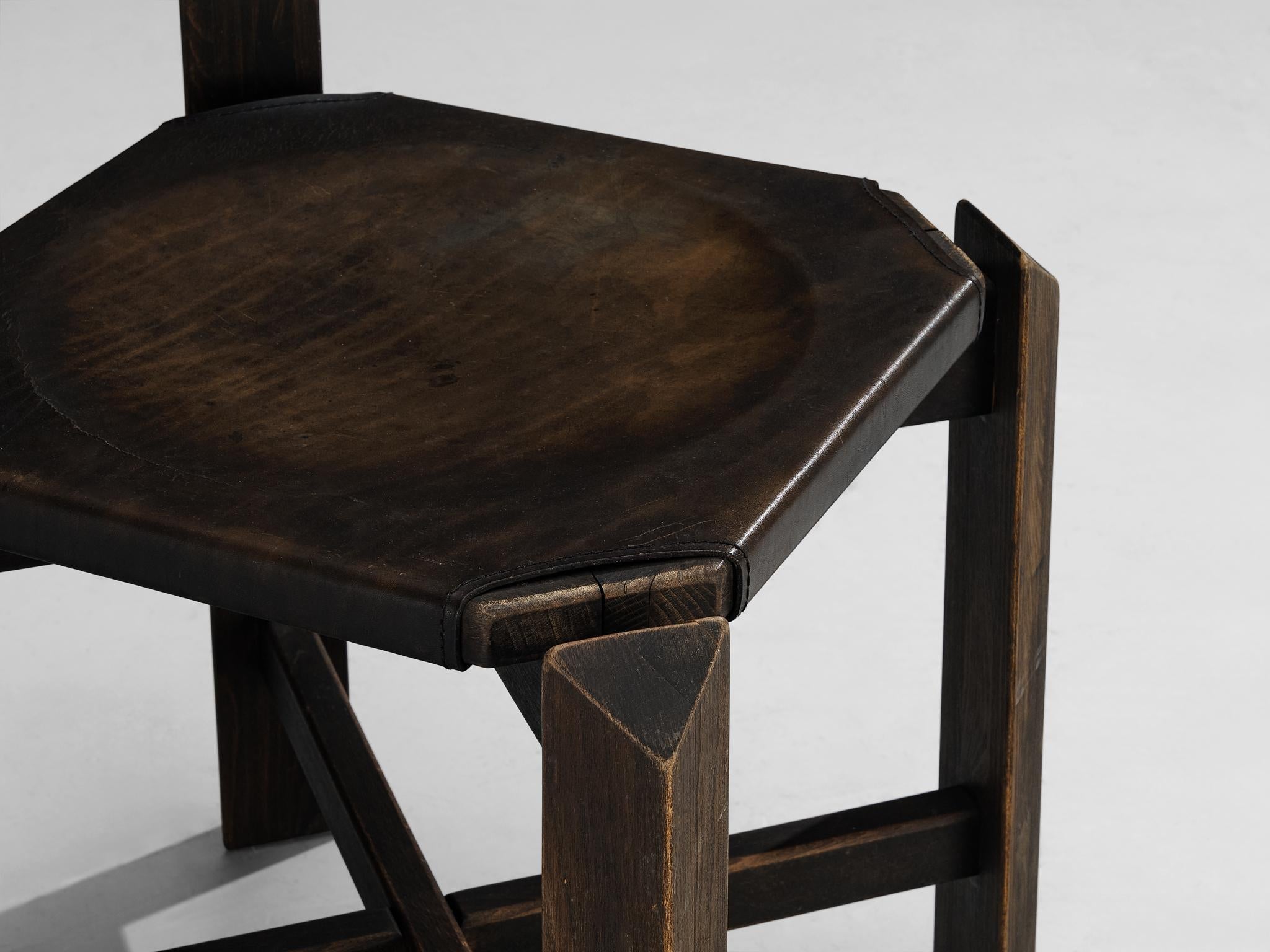 1970s Sturdy Dining Chair in Black Leather & Wood with Architectural Design seating Morentz