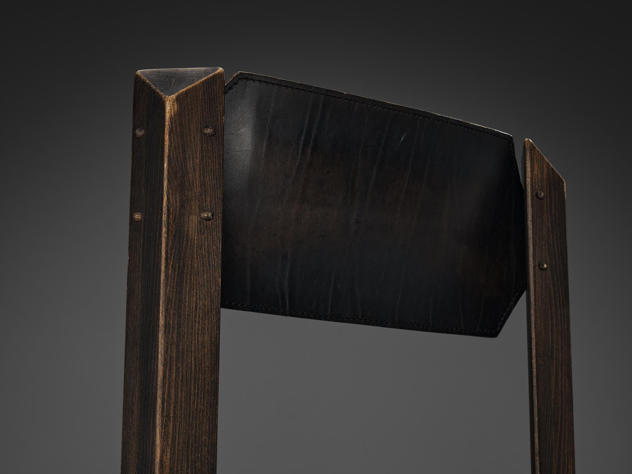 1970s Sturdy Dining Chair in Black Leather & Wood with Architectural Design seating Morentz