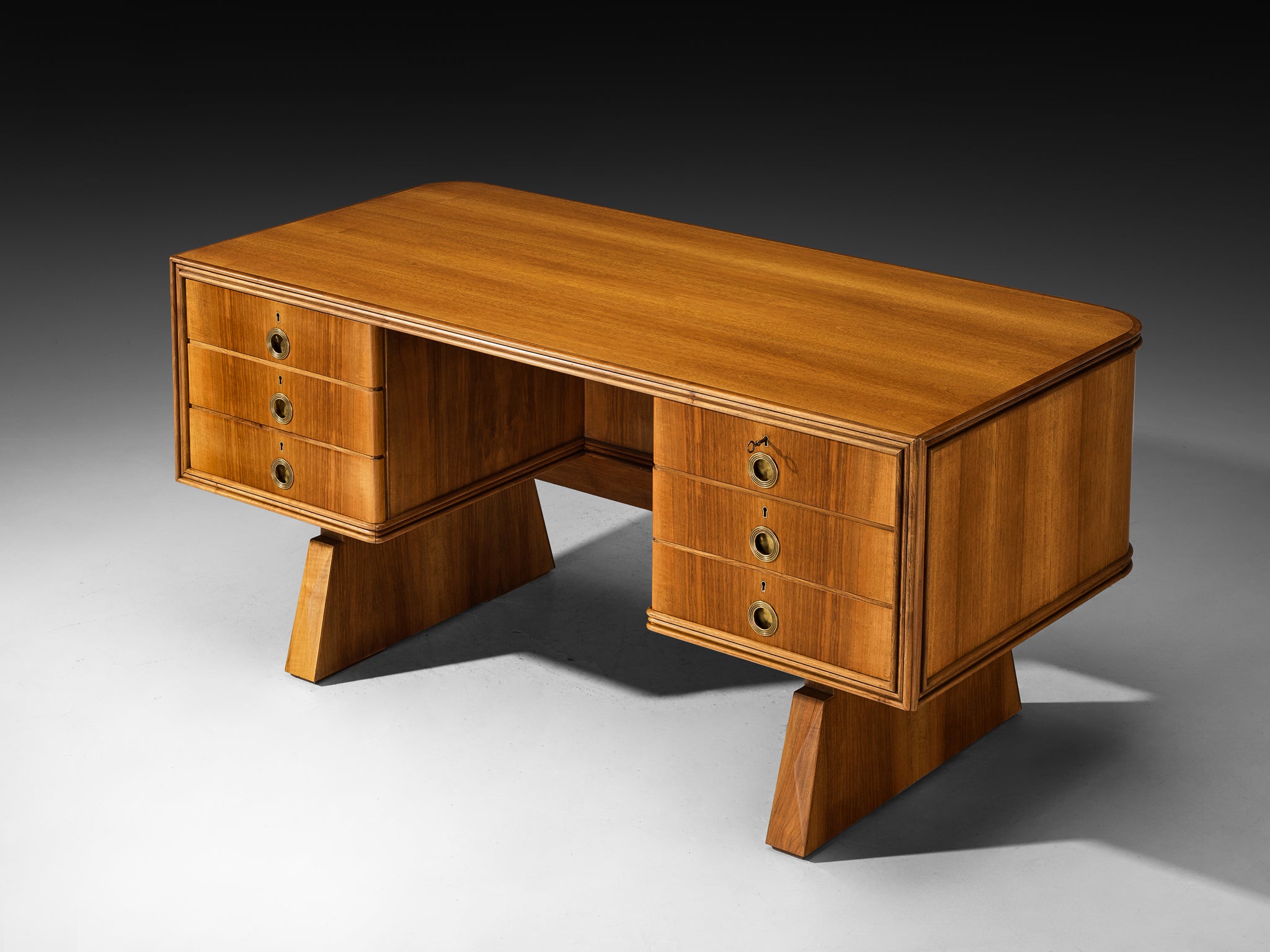 1950s Mid-Century Modern Italian Desk in Walnut and Brass Tables Morentz