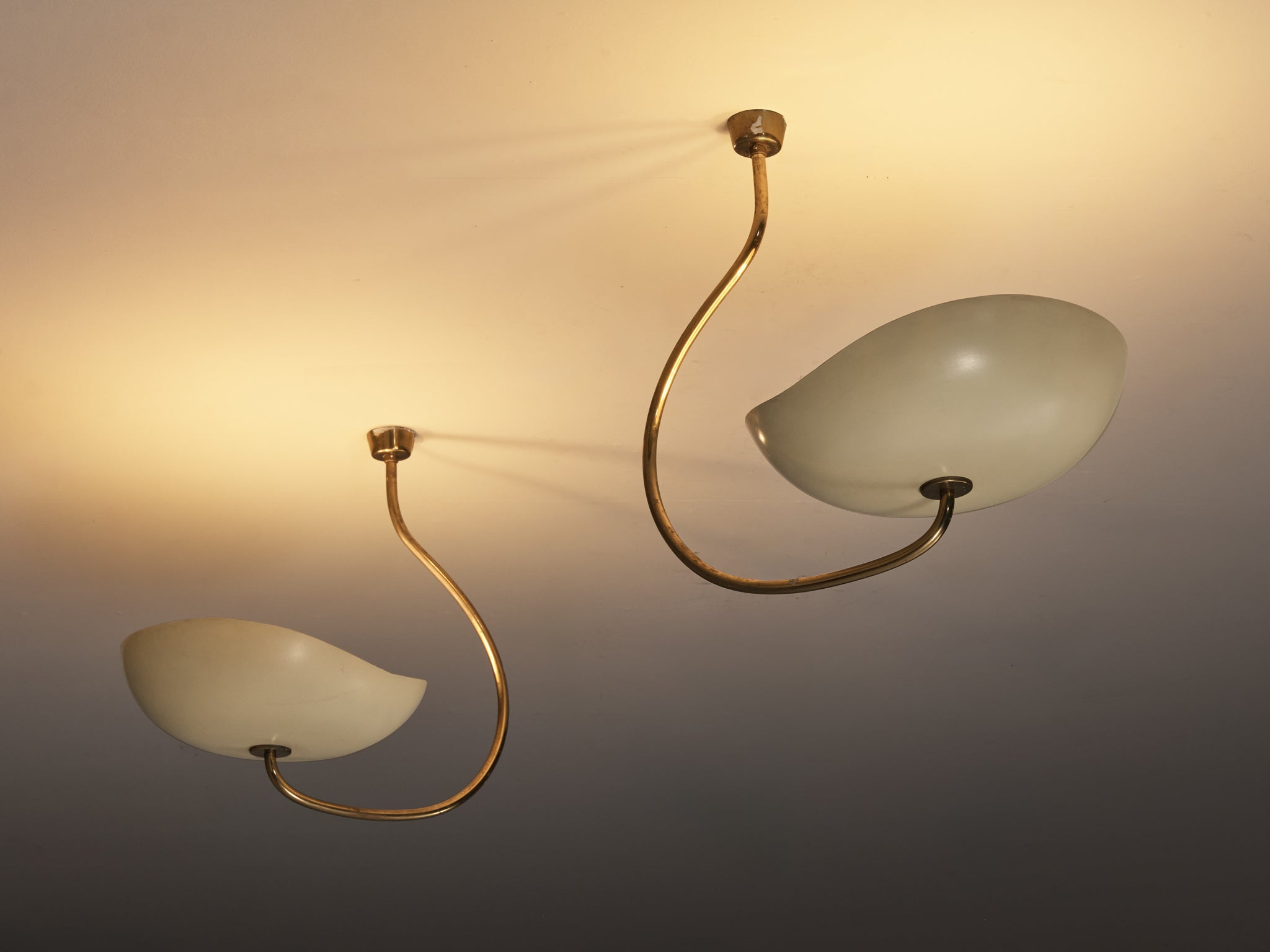 Lumen Organic Chandeliers in Brass with Cream Enameled Aluminum Shades 1950s Lighting Morentz
