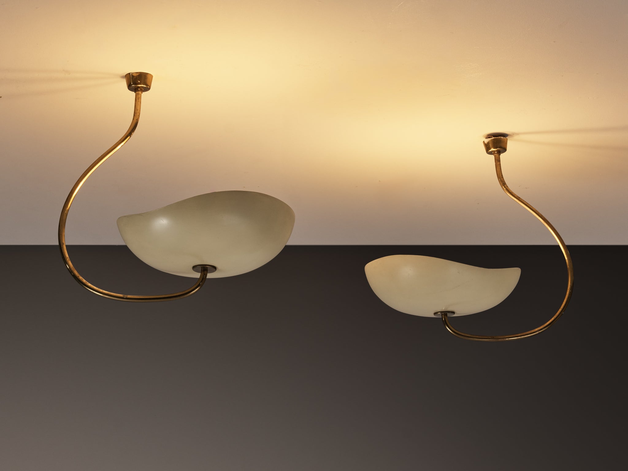 Lumen Organic Chandeliers in Brass with Cream Enameled Aluminum Shades 1950s Lighting Morentz