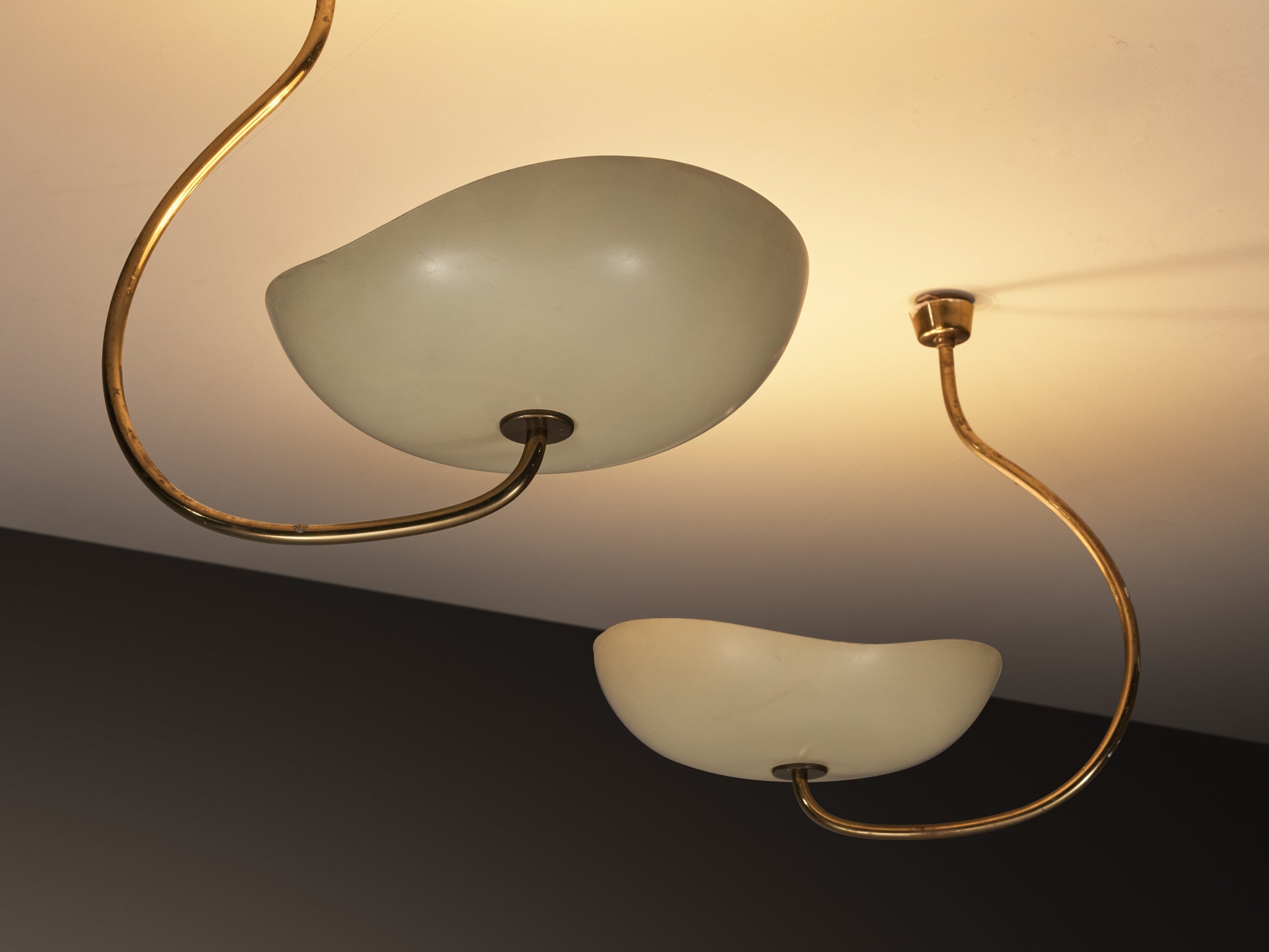 Lumen Organic Chandeliers in Brass with Cream Enameled Aluminum Shades 1950s