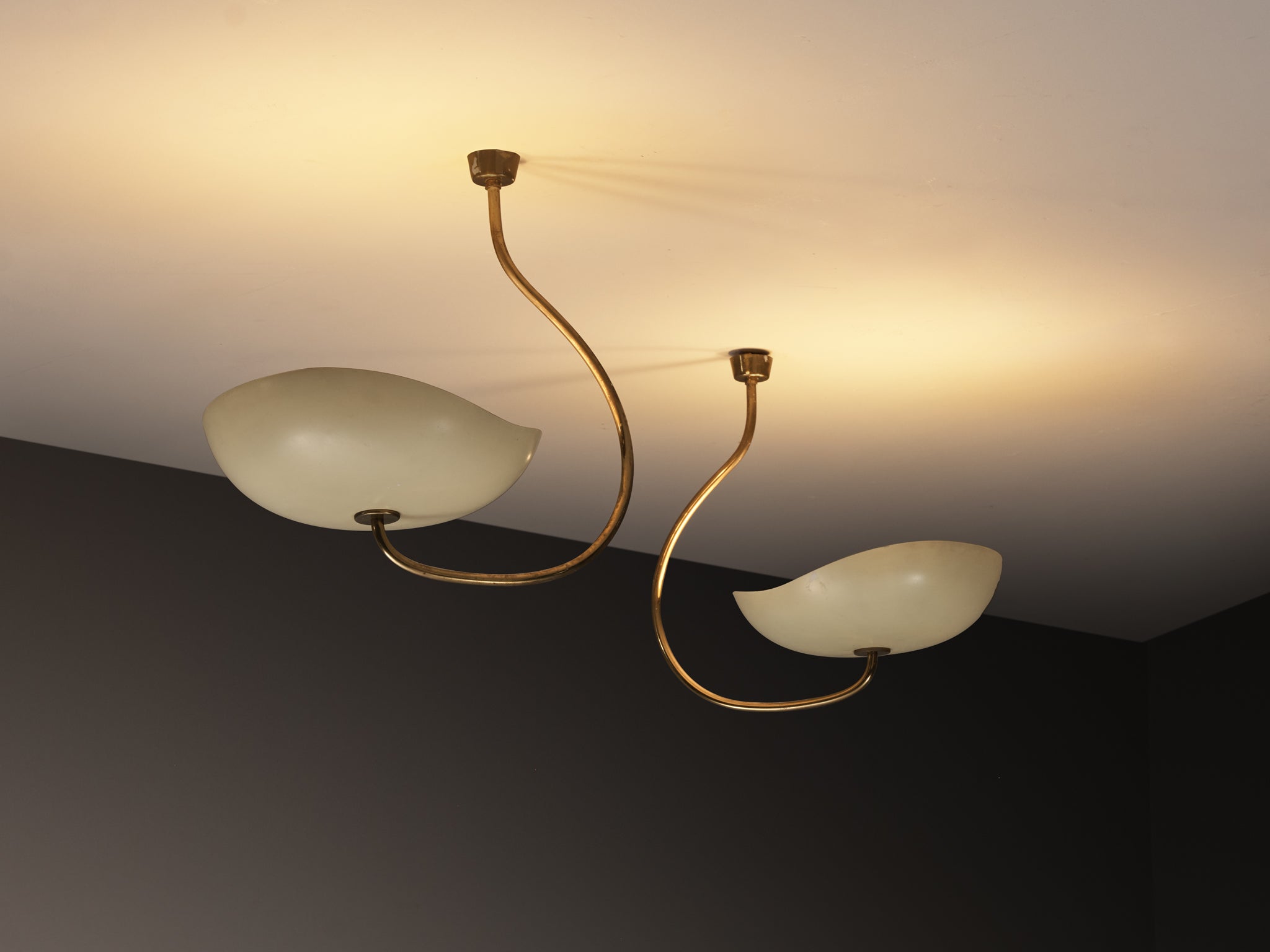 Lumen Organic Chandeliers in Brass with Cream Enameled Aluminum Shades 1950s Lighting Morentz