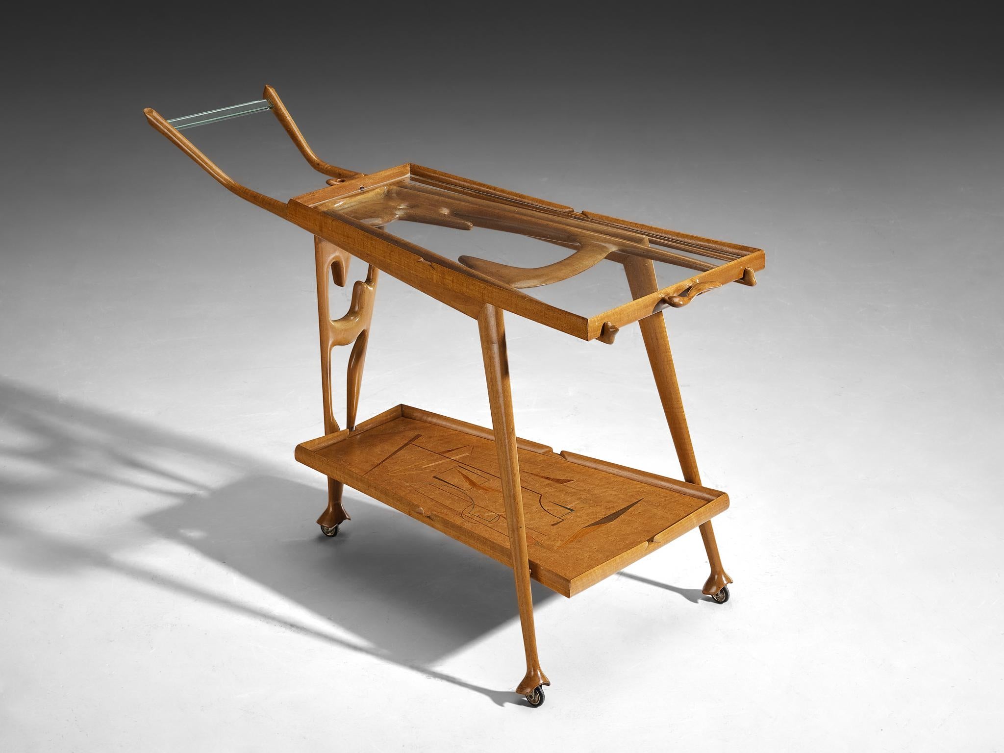 Rare Ivo Maretti Sculptural Bar Trolley in Walnut and Crystal Glass tables Morentz