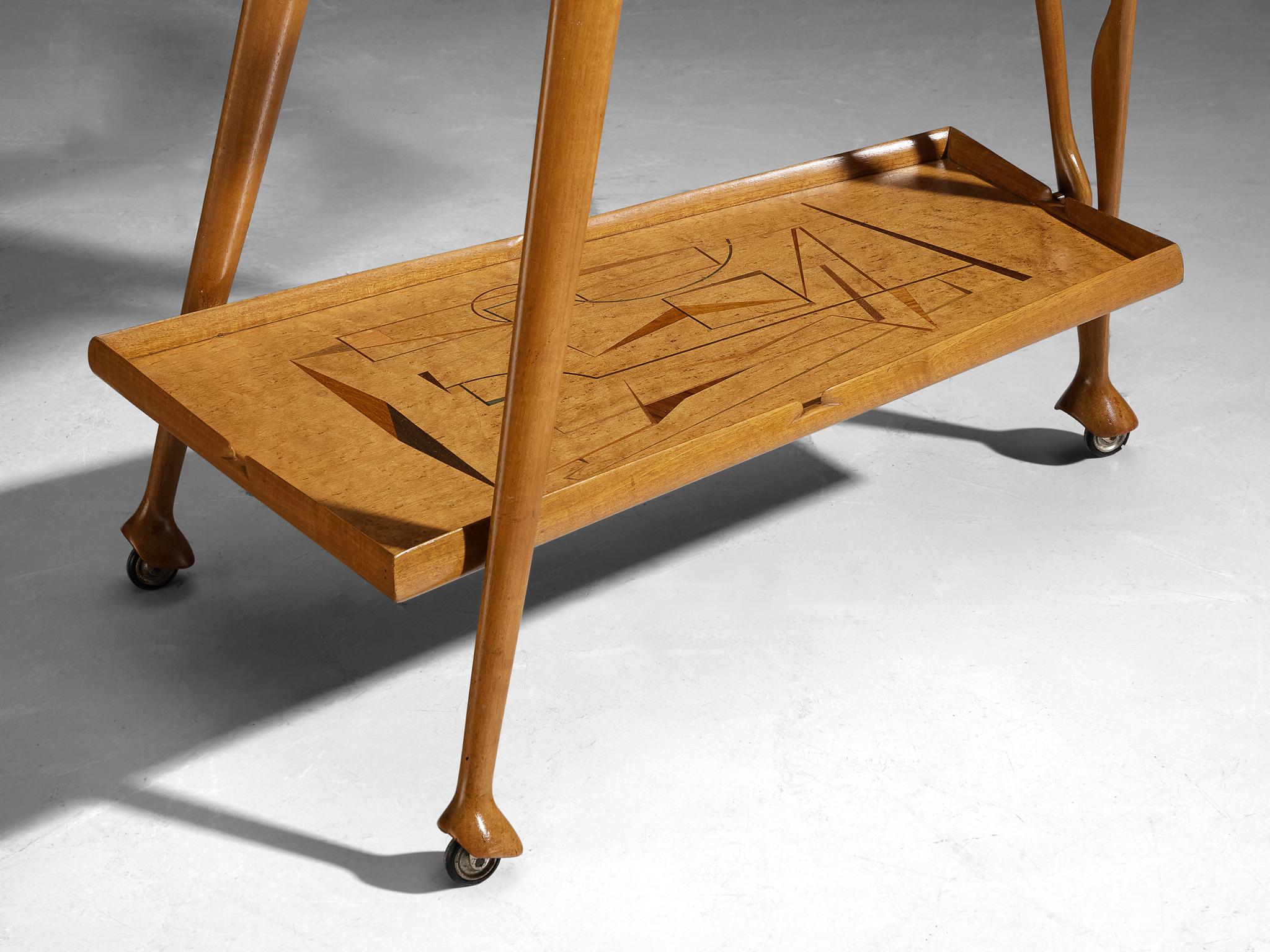 Rare Ivo Maretti Sculptural Bar Trolley in Walnut and Crystal Glass tables Morentz