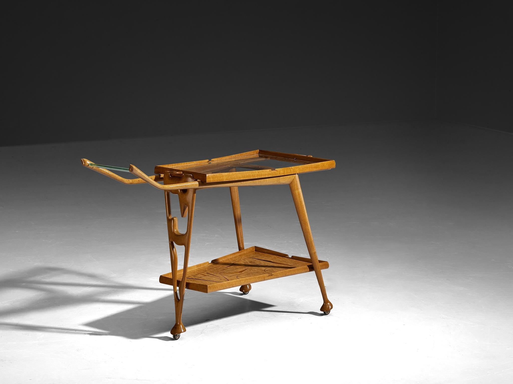 Rare Ivo Maretti Sculptural Bar Trolley in Walnut and Crystal Glass tables Morentz