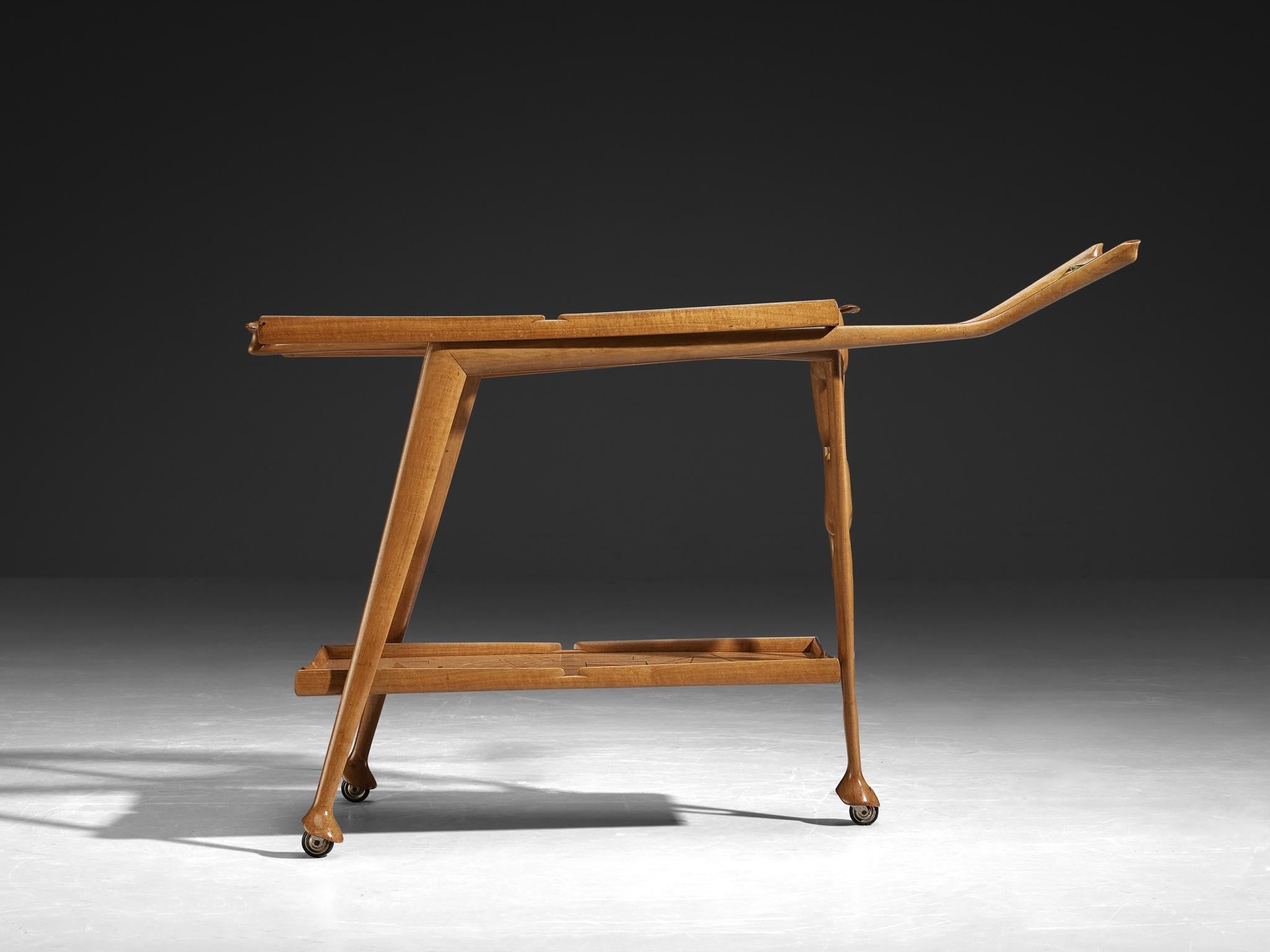 Rare Ivo Maretti Sculptural Bar Trolley in Walnut and Crystal Glass tables Morentz