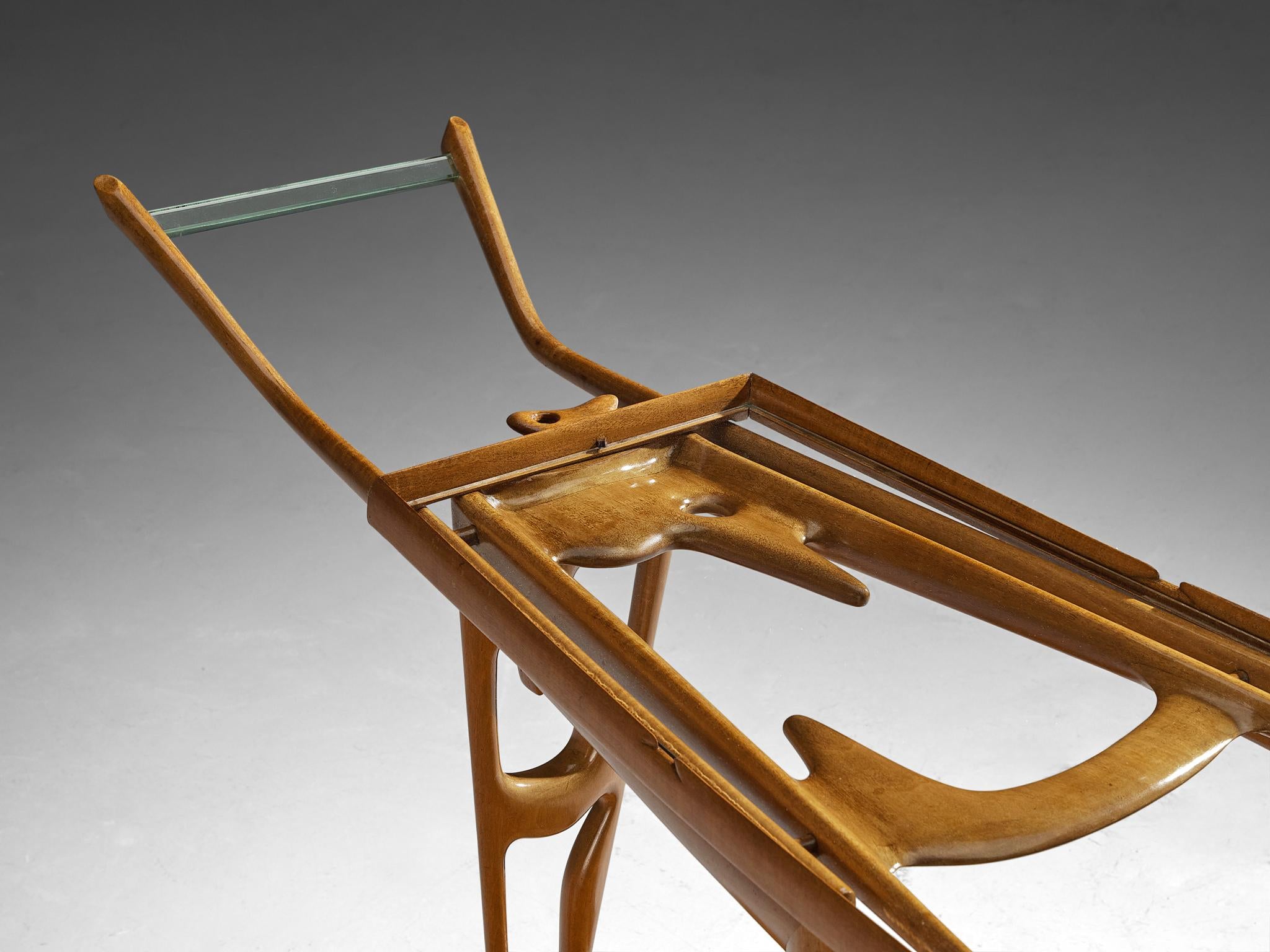 Rare Ivo Maretti Sculptural Bar Trolley in Walnut and Crystal Glass tables Morentz