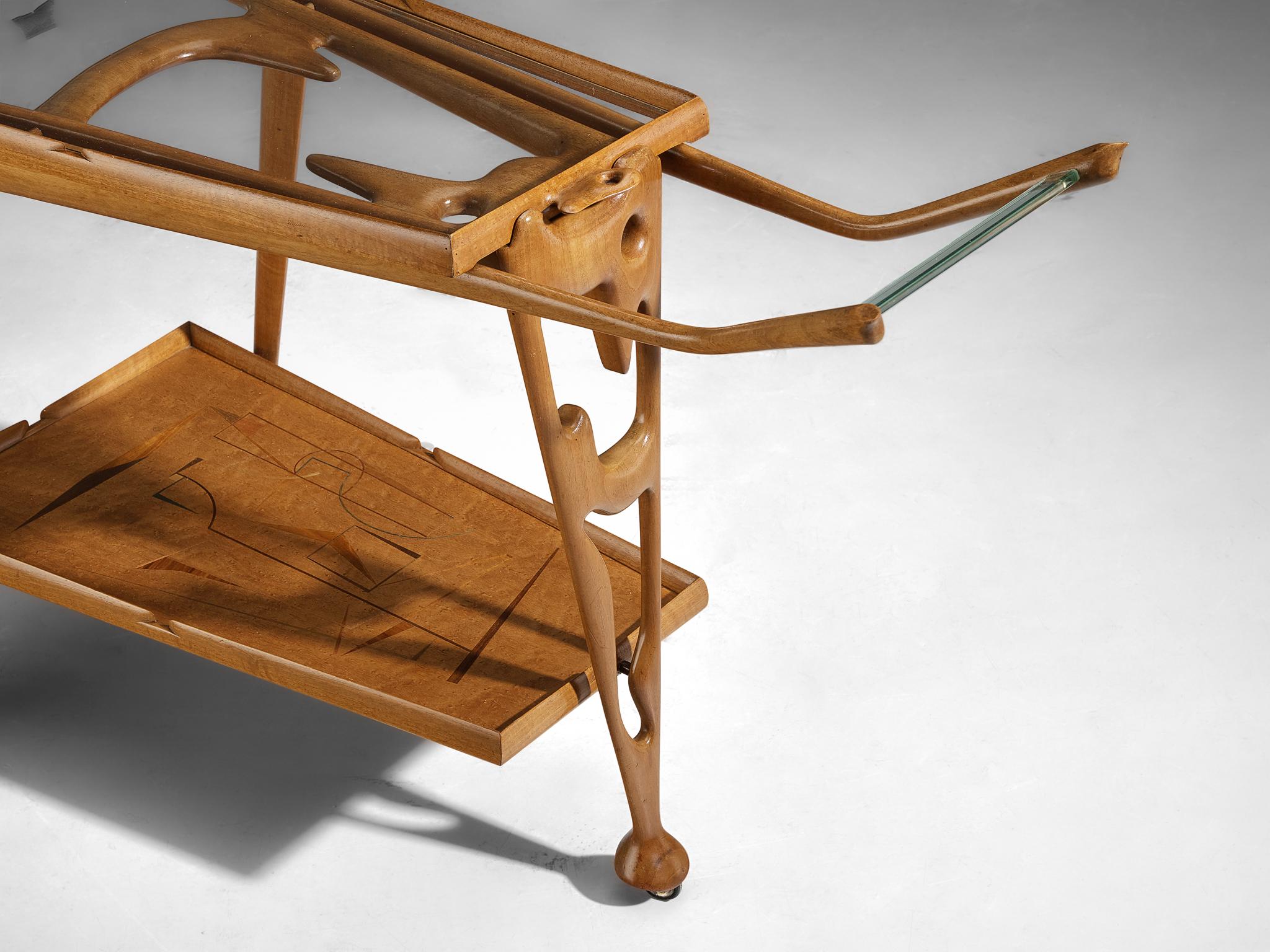 Rare Ivo Maretti Sculptural Bar Trolley in Walnut and Crystal Glass tables Morentz